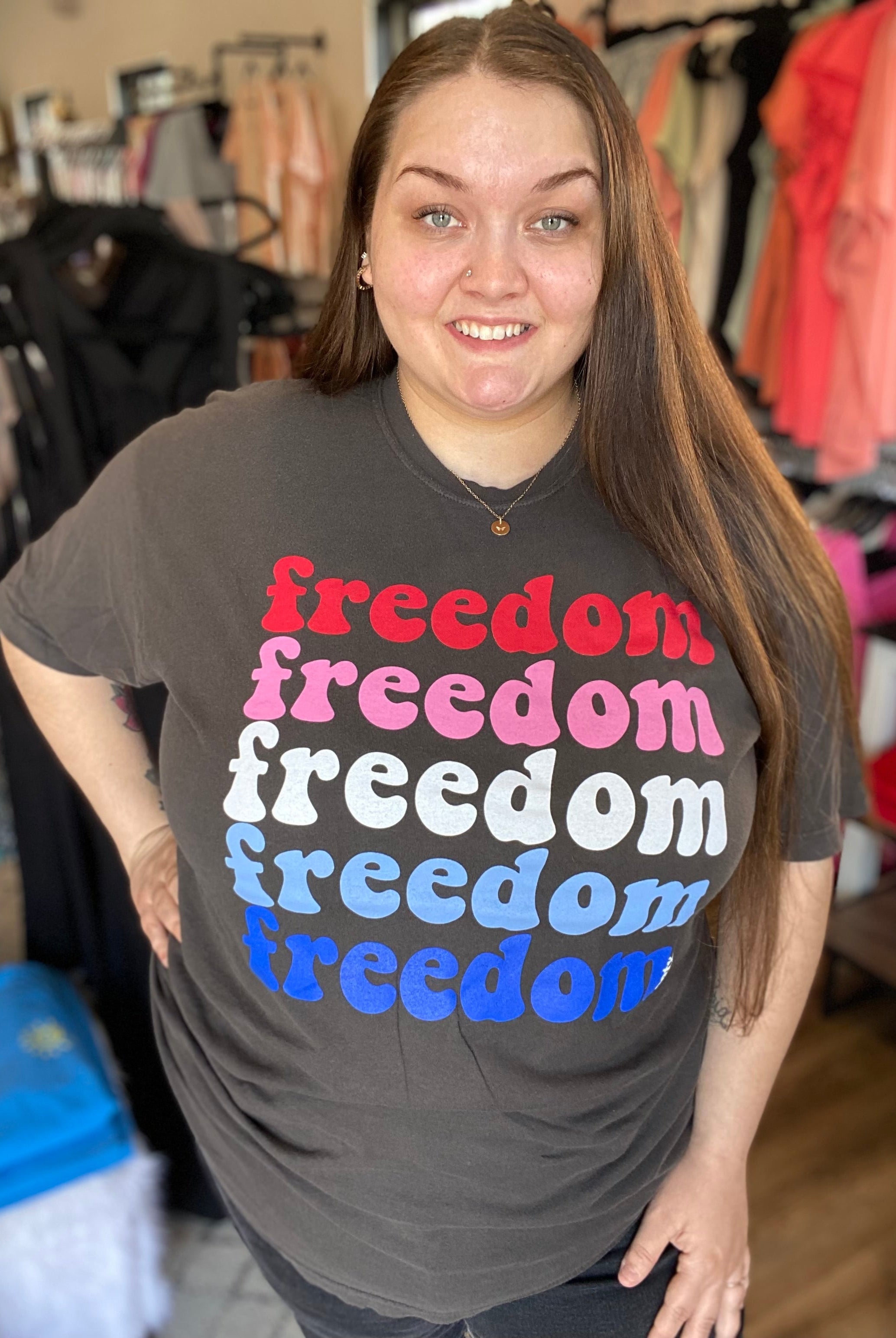 Shop Freedom Freedom Graphic Tee-Graphic Tee at Ruby Joy Boutique, a Women's Clothing Store in Pickerington, Ohio