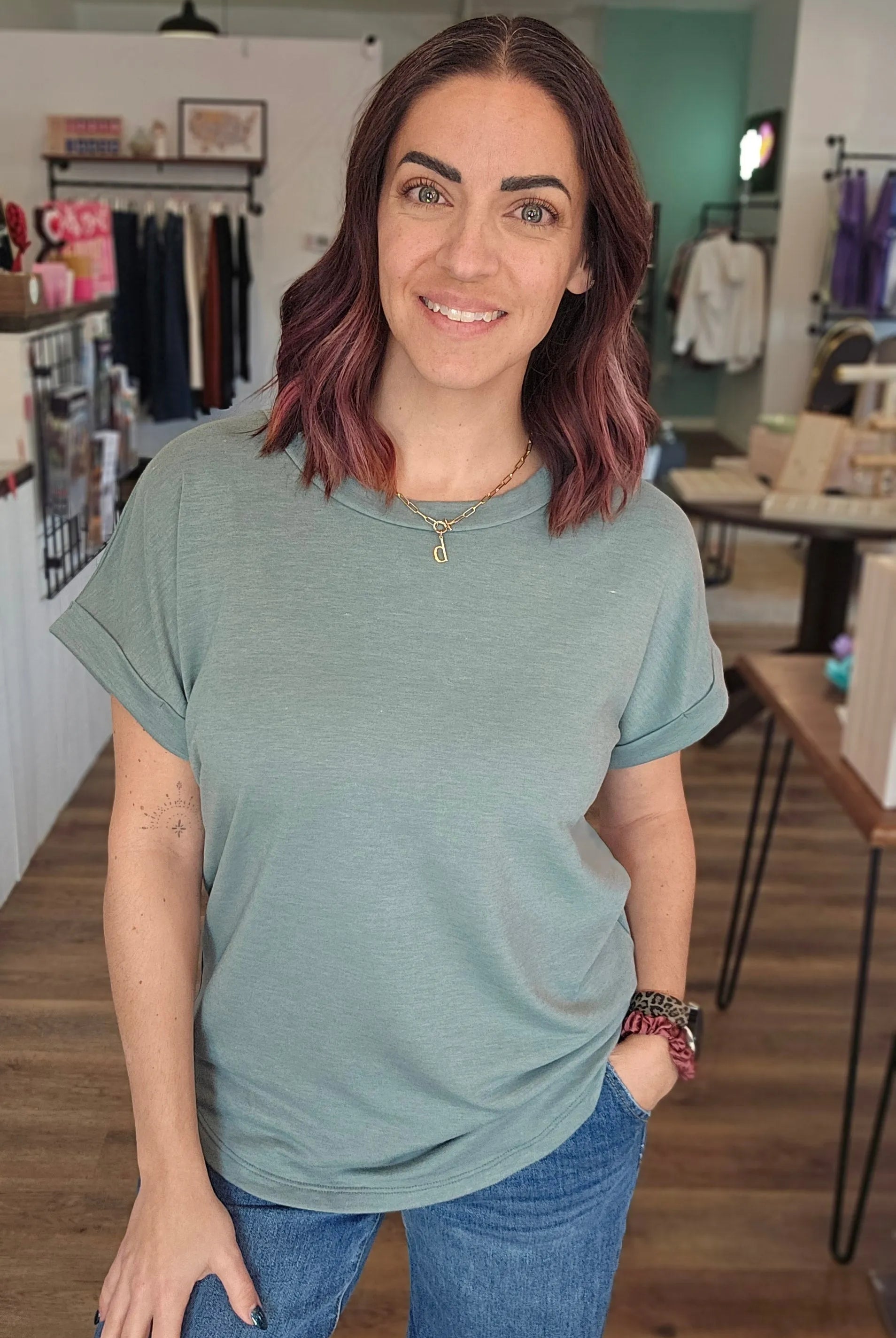 Shop French Terry Rolled Cuff Dolman Tee | Sage- at Ruby Joy Boutique, a Women's Clothing Store in Pickerington, Ohio