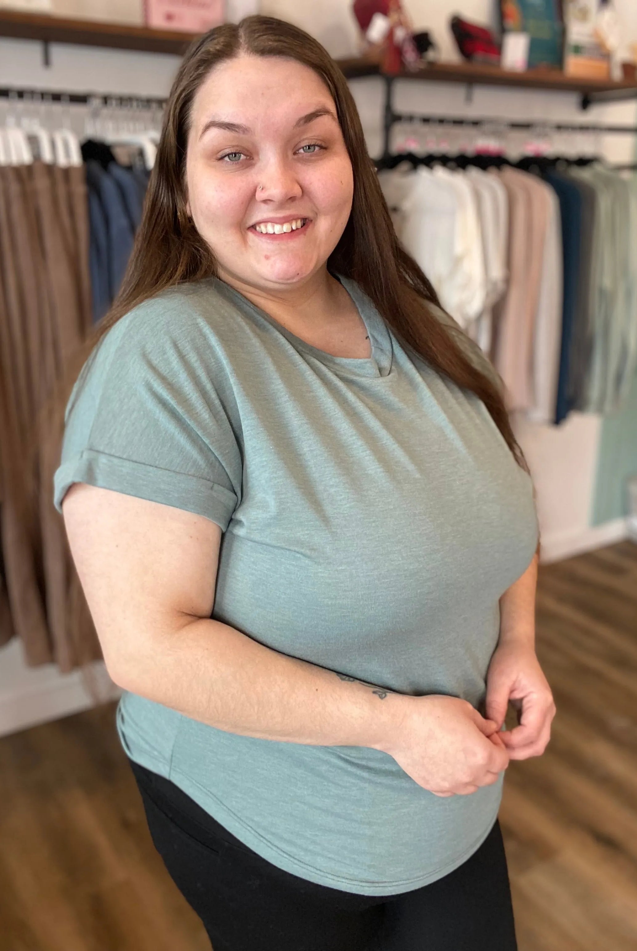 Shop French Terry Rolled Cuff Dolman Tee | Sage- at Ruby Joy Boutique, a Women's Clothing Store in Pickerington, Ohio