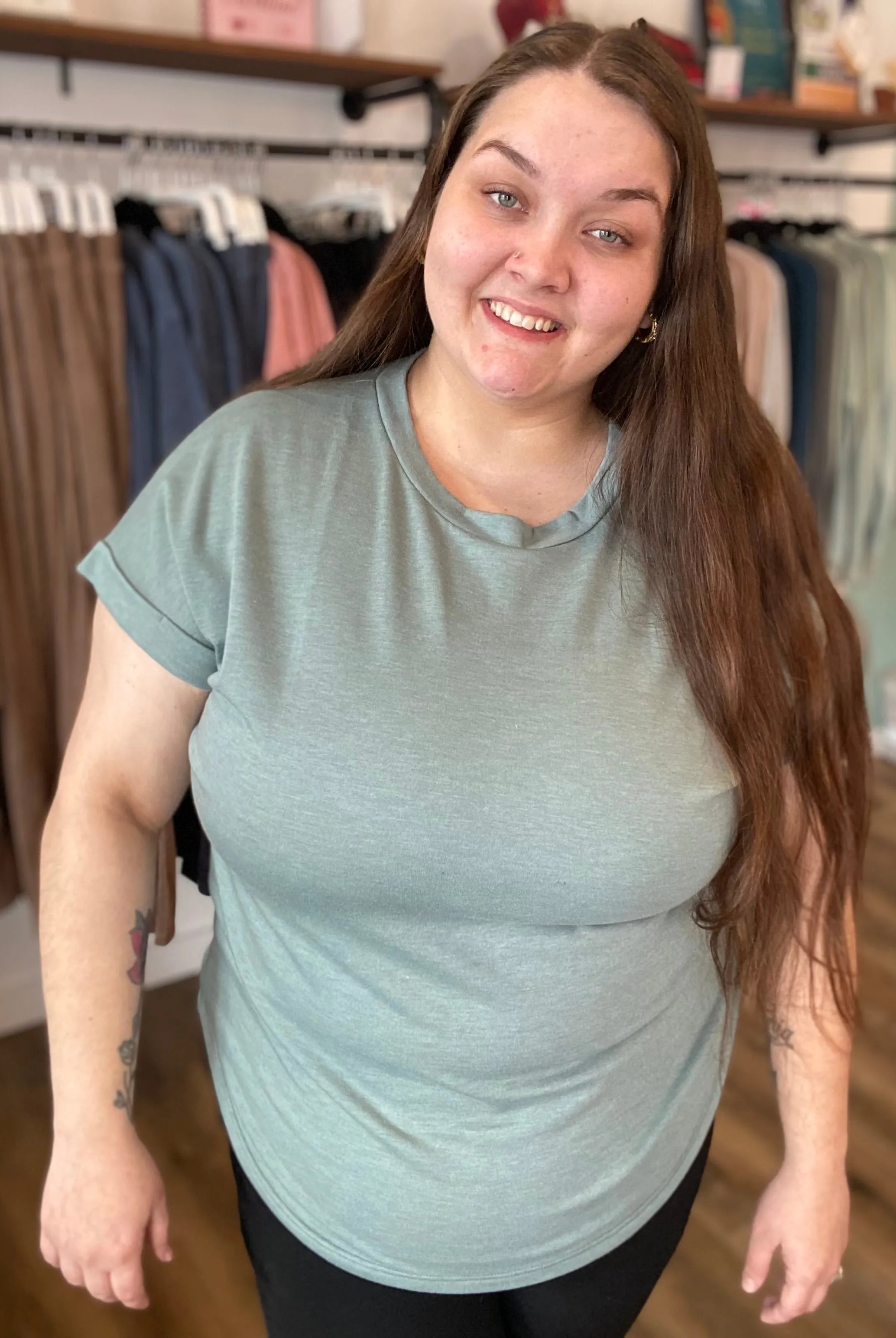 Shop French Terry Rolled Cuff Dolman Tee | Sage- at Ruby Joy Boutique, a Women's Clothing Store in Pickerington, Ohio