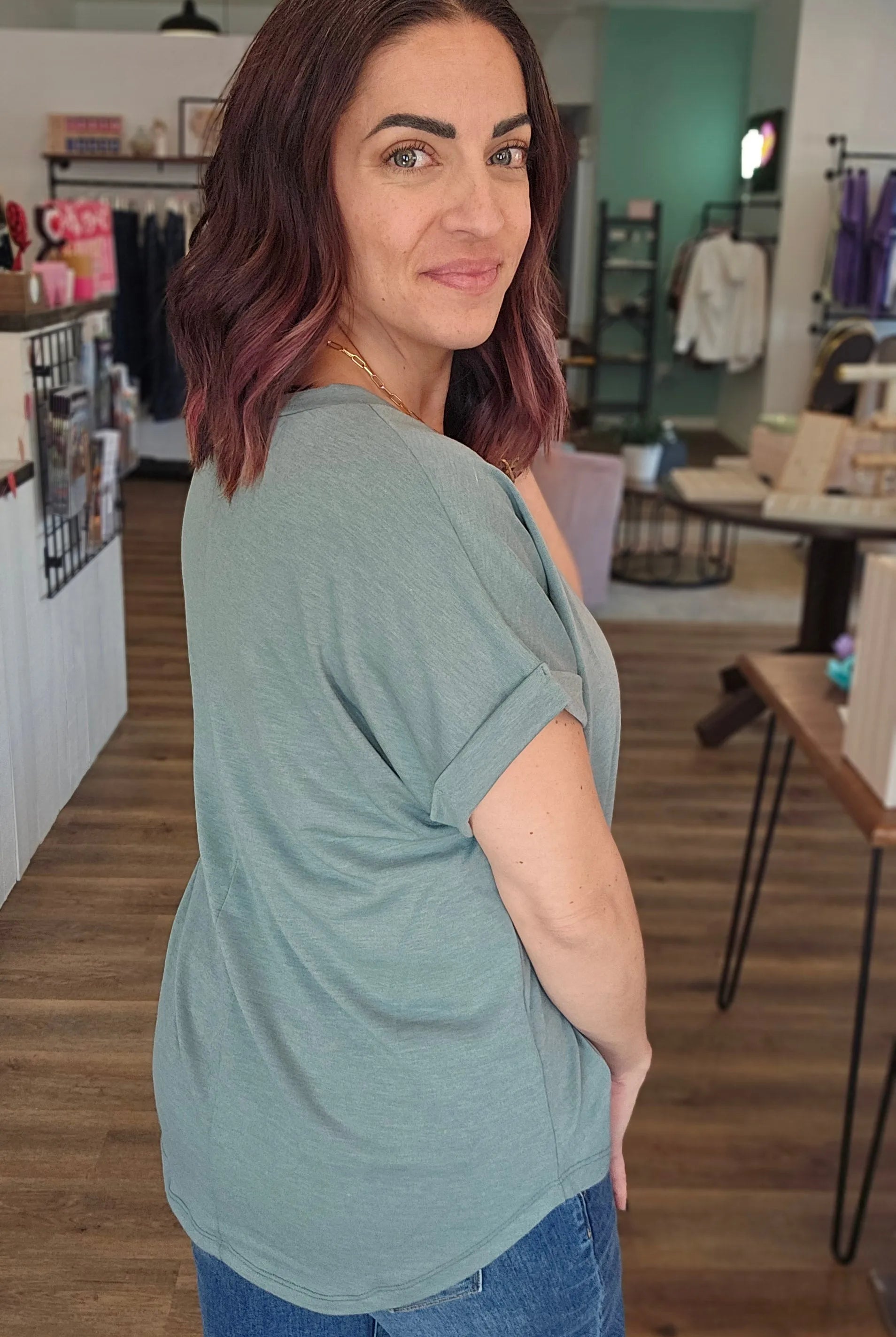 Shop French Terry Rolled Cuff Dolman Tee | Sage- at Ruby Joy Boutique, a Women's Clothing Store in Pickerington, Ohio