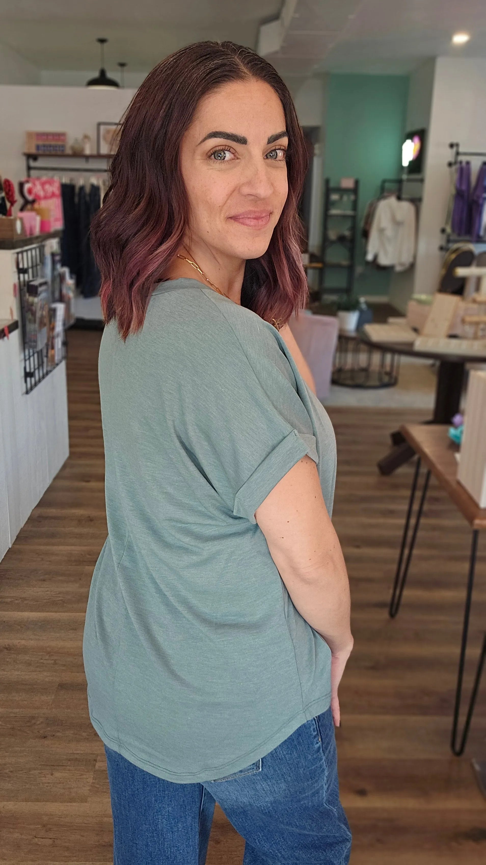 Shop French Terry Rolled Cuff Dolman Tee | Sage- at Ruby Joy Boutique, a Women's Clothing Store in Pickerington, Ohio