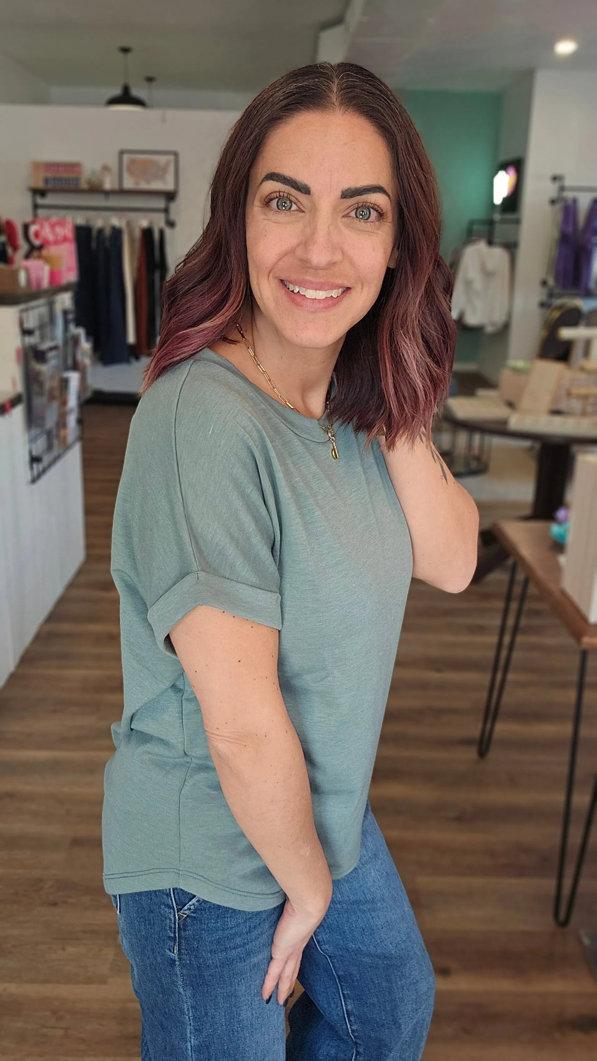 Shop French Terry Rolled Cuff Dolman Tee | Sage- at Ruby Joy Boutique, a Women's Clothing Store in Pickerington, Ohio