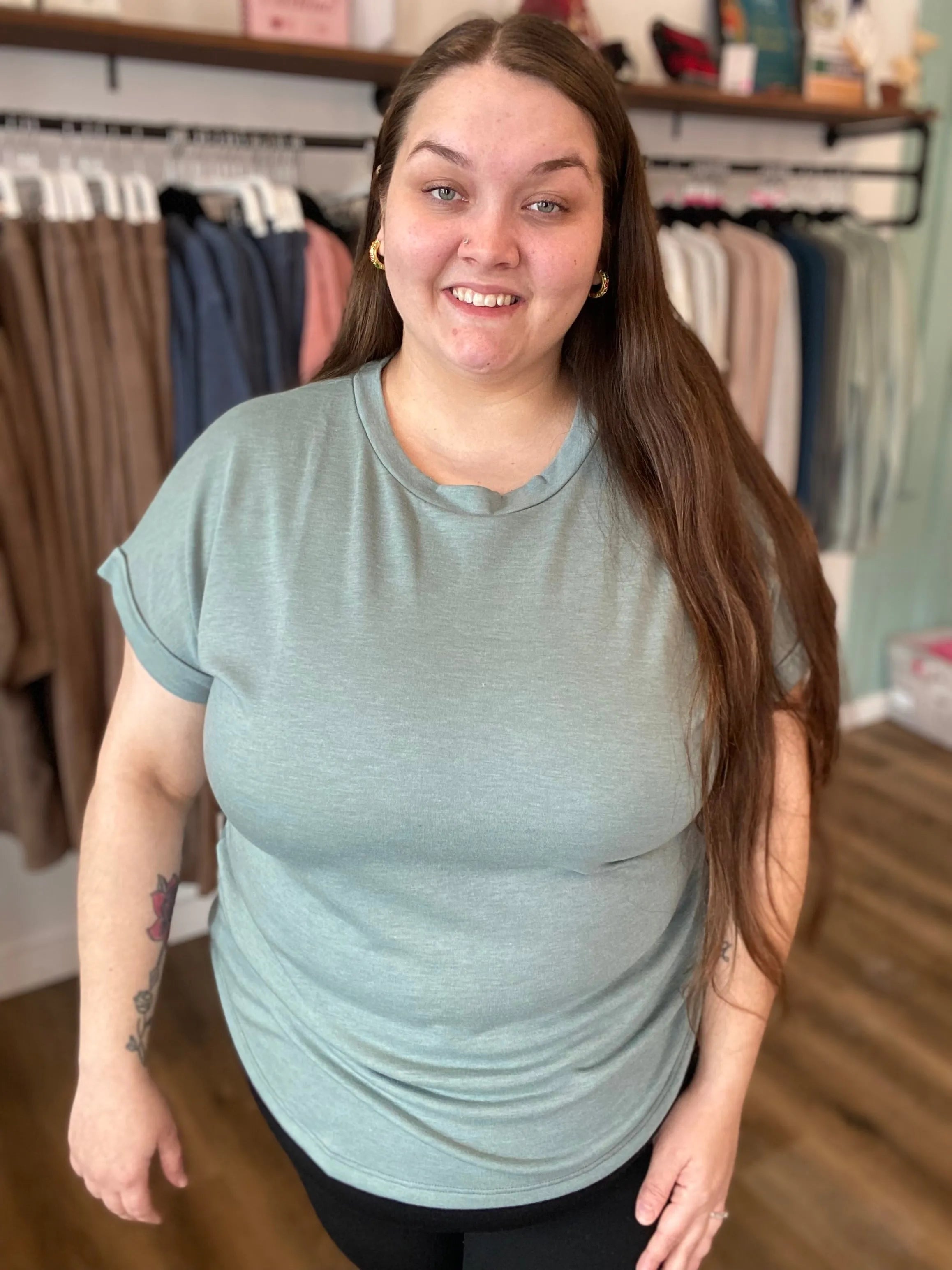 Shop French Terry Rolled Cuff Dolman Tee | Sage- at Ruby Joy Boutique, a Women's Clothing Store in Pickerington, Ohio