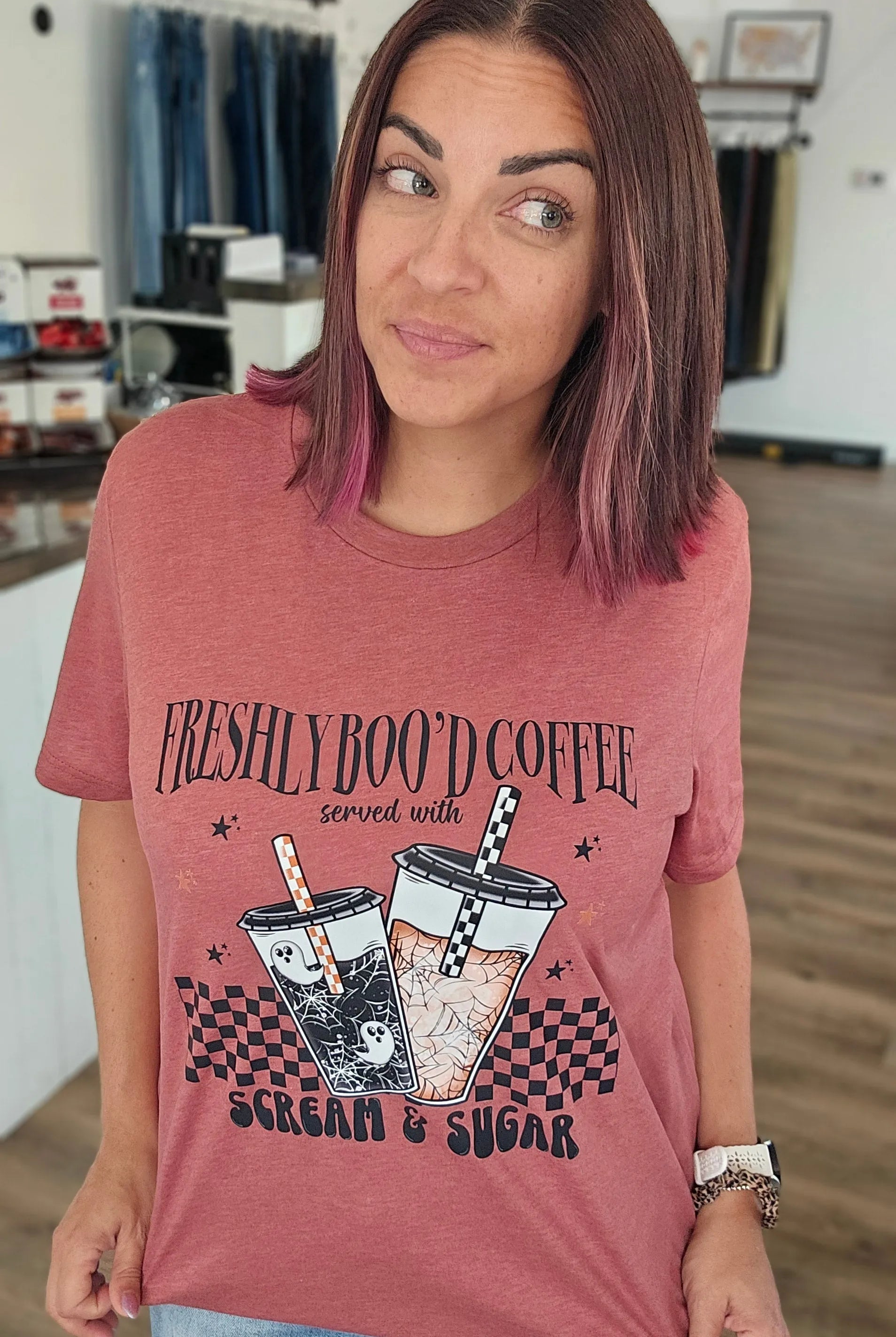 Shop Freshly Boo'd Coffee with Scream and Sugar Tee- at Ruby Joy Boutique, a Women's Clothing Store in Pickerington, Ohio