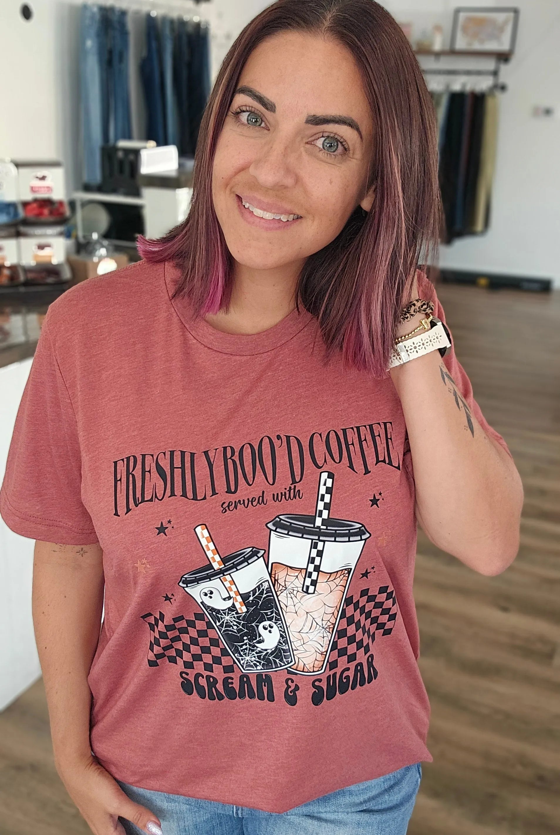 Shop Freshly Boo'd Coffee with Scream and Sugar Tee- at Ruby Joy Boutique, a Women's Clothing Store in Pickerington, Ohio