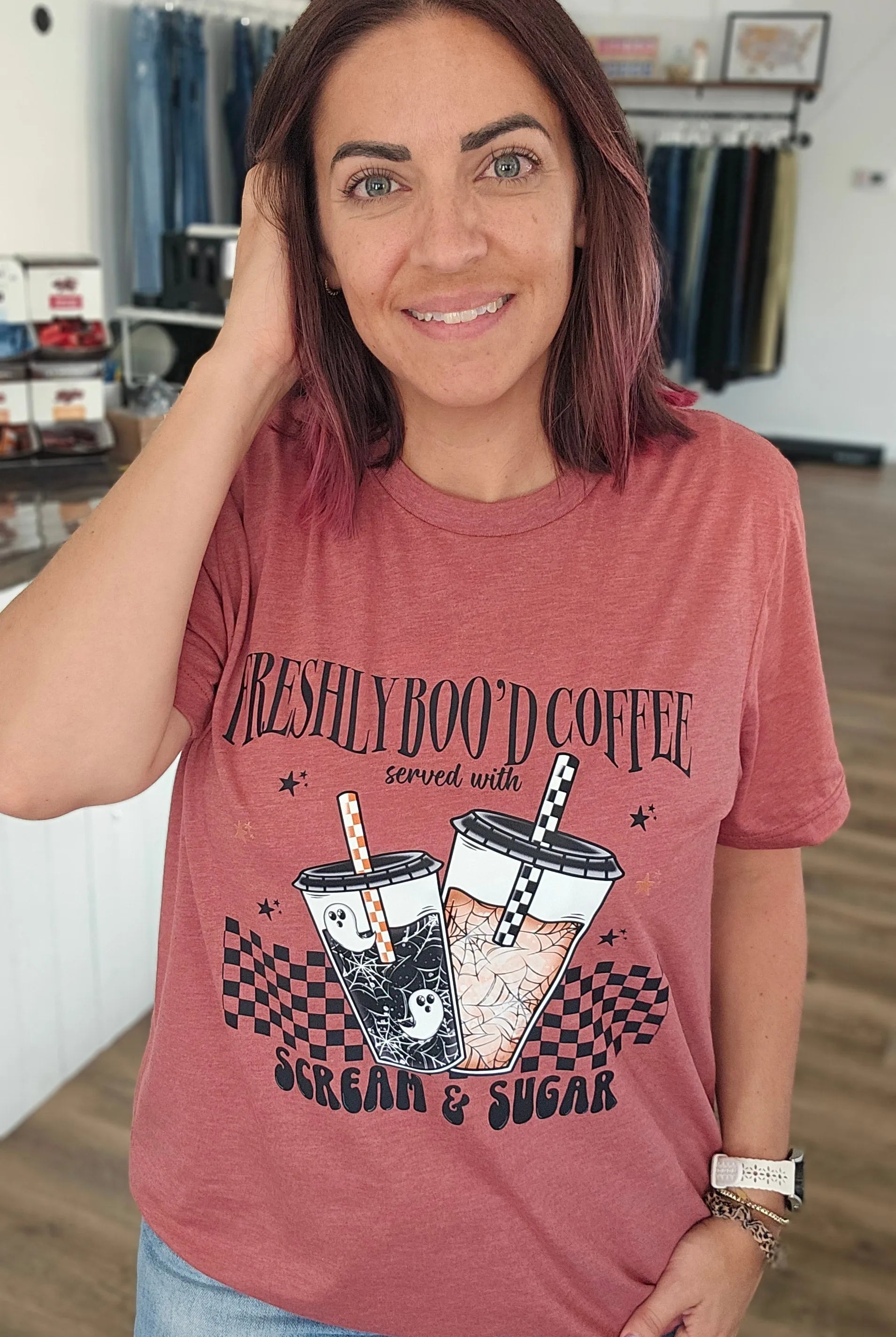 Shop Freshly Boo'd Coffee with Scream and Sugar Tee- at Ruby Joy Boutique, a Women's Clothing Store in Pickerington, Ohio