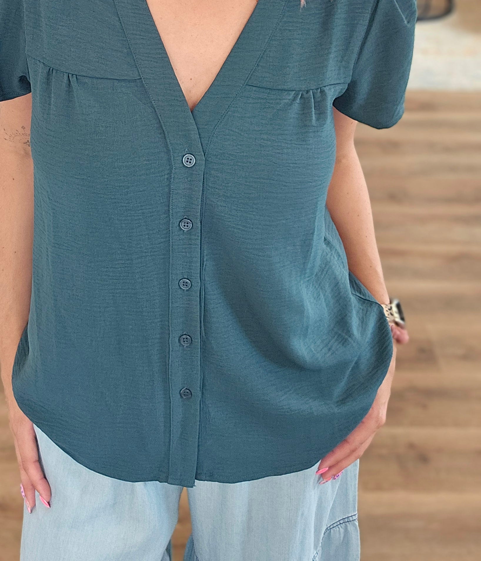 Shop Frilled V-Neck Button Down Top- at Ruby Joy Boutique, a Women's Clothing Store in Pickerington, Ohio