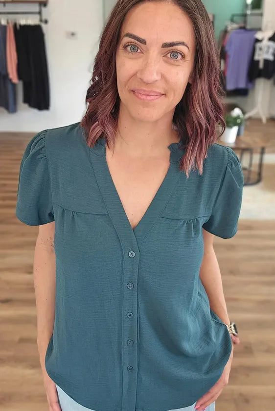 Shop Frilled V-Neck Button Down Top- at Ruby Joy Boutique, a Women's Clothing Store in Pickerington, Ohio