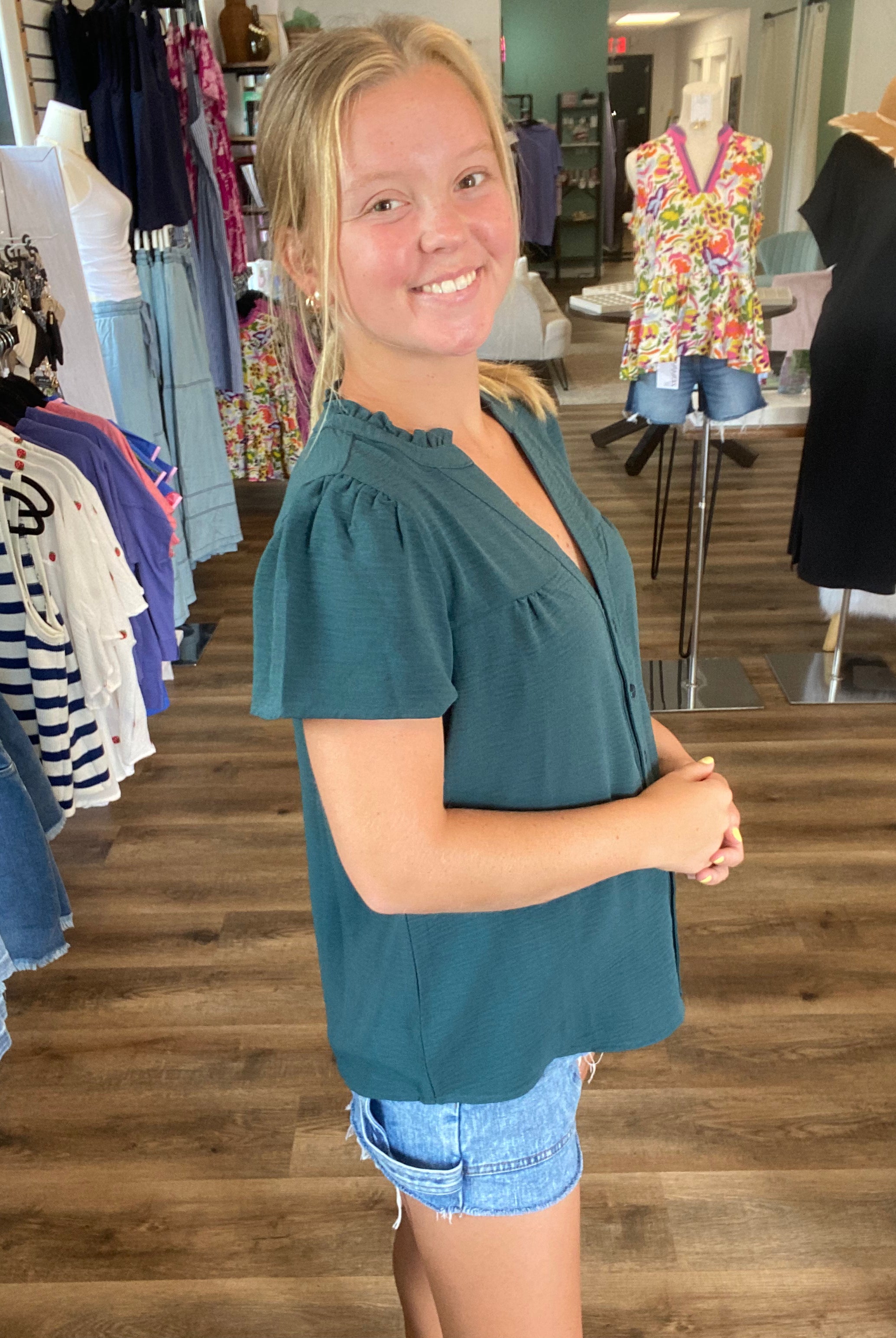 Shop Frilled V-Neck Button Down Top- at Ruby Joy Boutique, a Women's Clothing Store in Pickerington, Ohio