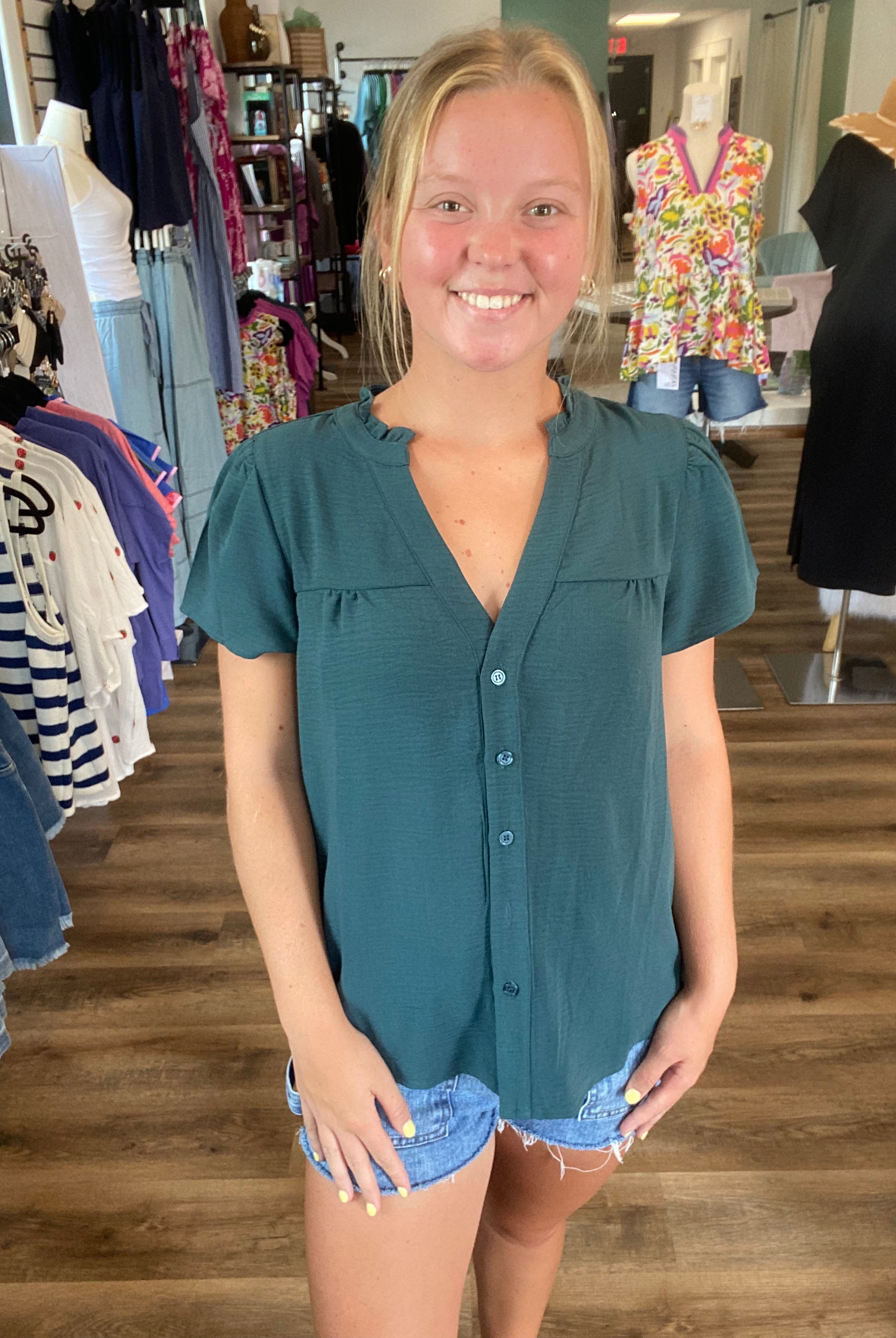 Shop Frilled V-Neck Button Down Top- at Ruby Joy Boutique, a Women's Clothing Store in Pickerington, Ohio