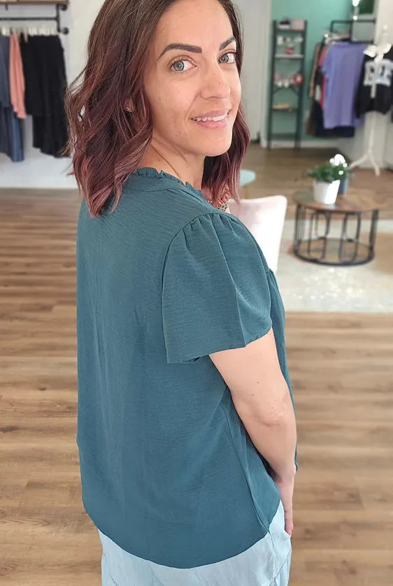 Shop Frilled V-Neck Button Down Top- at Ruby Joy Boutique, a Women's Clothing Store in Pickerington, Ohio