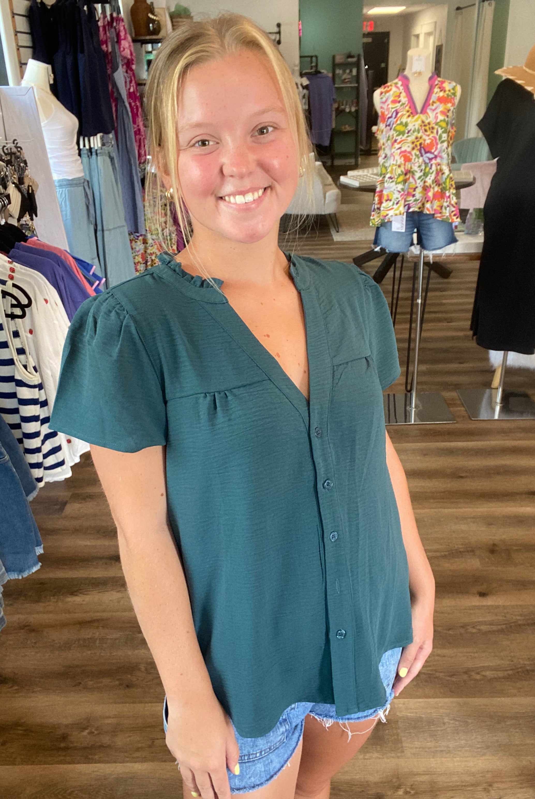 Shop Frilled V-Neck Button Down Top- at Ruby Joy Boutique, a Women's Clothing Store in Pickerington, Ohio