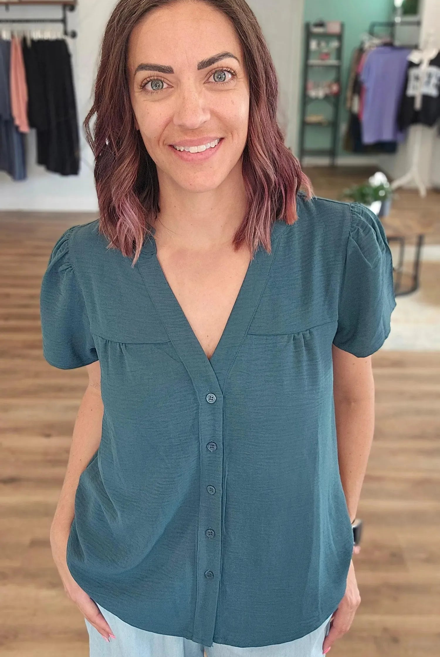 Shop Frilled V-Neck Button Down Top- at Ruby Joy Boutique, a Women's Clothing Store in Pickerington, Ohio
