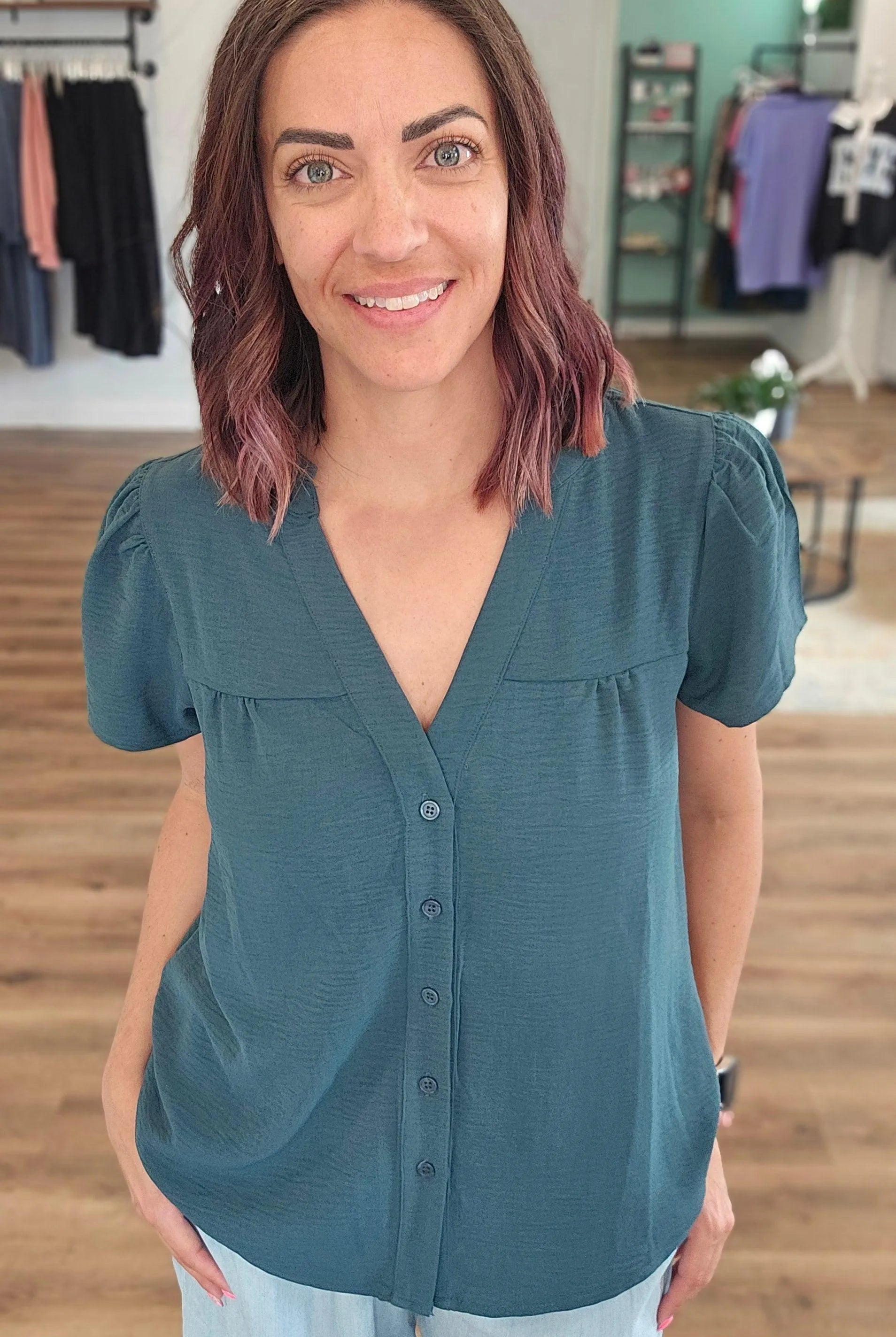Shop Frilled V-Neck Button Down Top- at Ruby Joy Boutique, a Women's Clothing Store in Pickerington, Ohio
