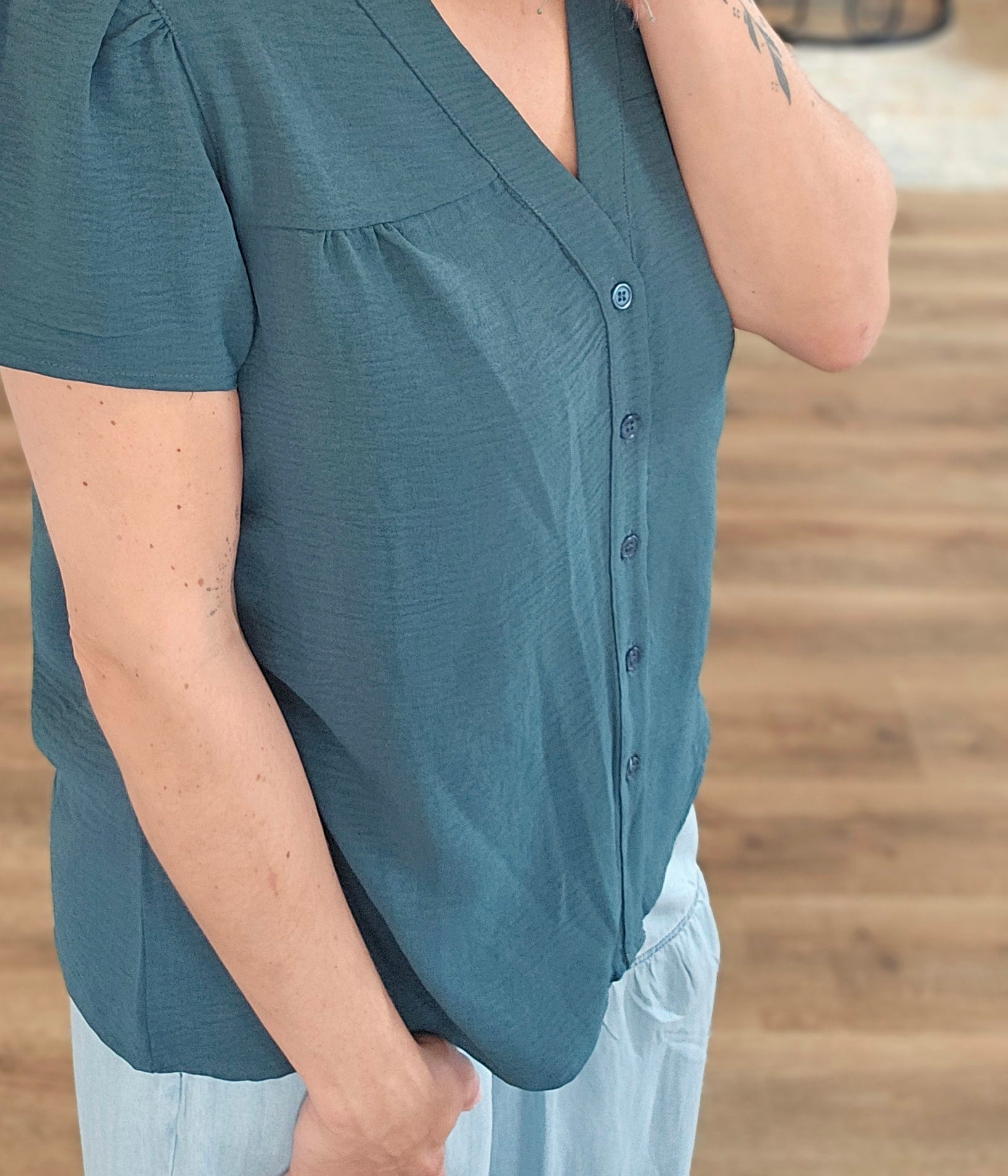 Shop Frilled V-Neck Button Down Top- at Ruby Joy Boutique, a Women's Clothing Store in Pickerington, Ohio