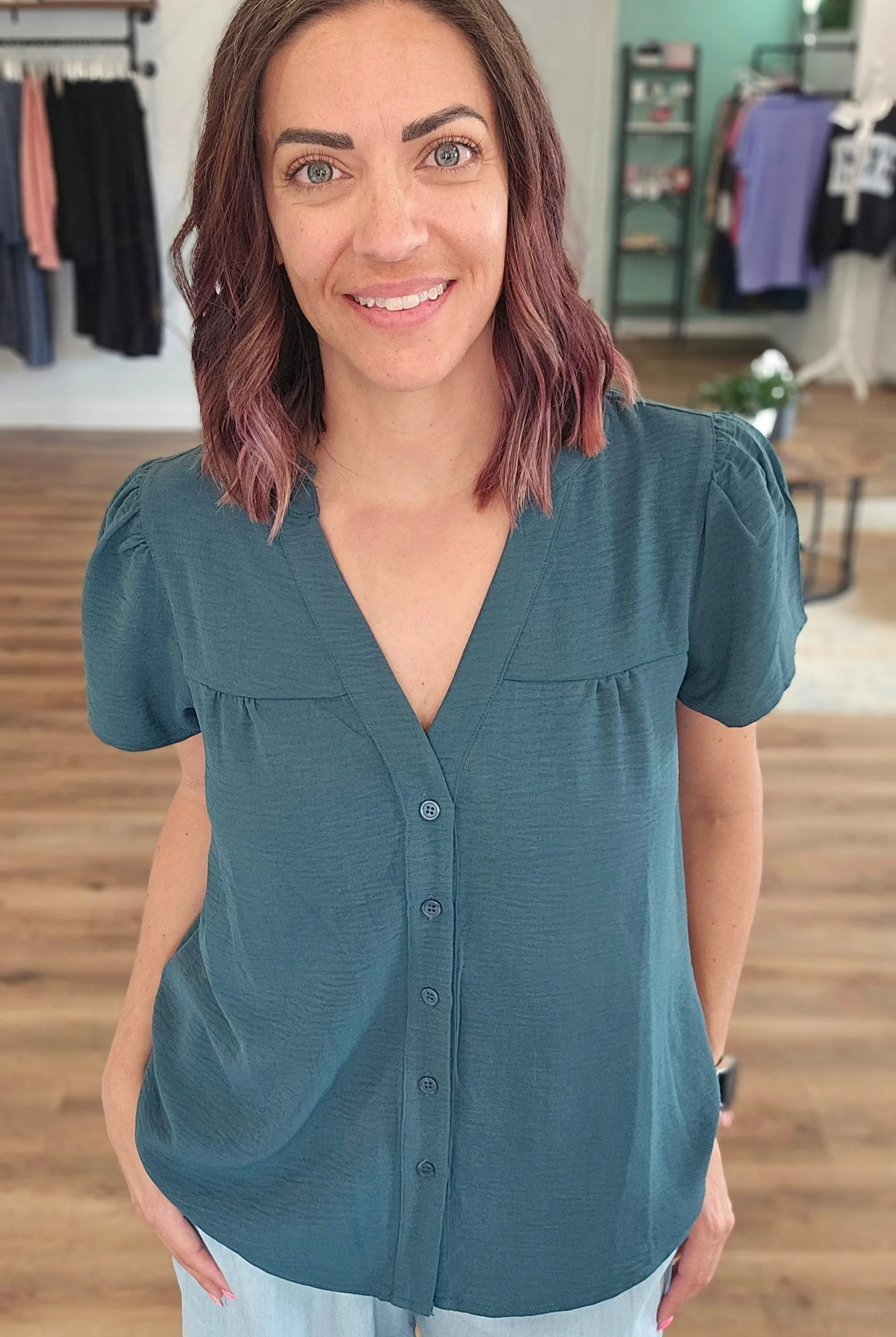 Shop Frilled V-Neck Button Down Top- at Ruby Joy Boutique, a Women's Clothing Store in Pickerington, Ohio