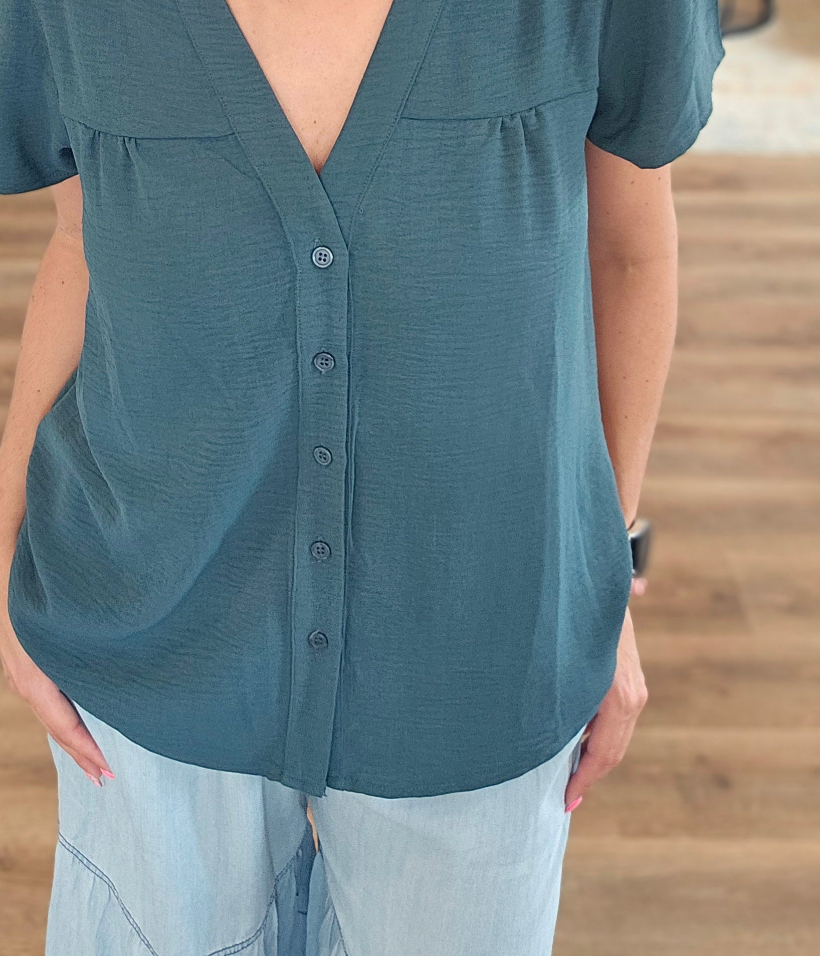 Shop Frilled V-Neck Button Down Top- at Ruby Joy Boutique, a Women's Clothing Store in Pickerington, Ohio