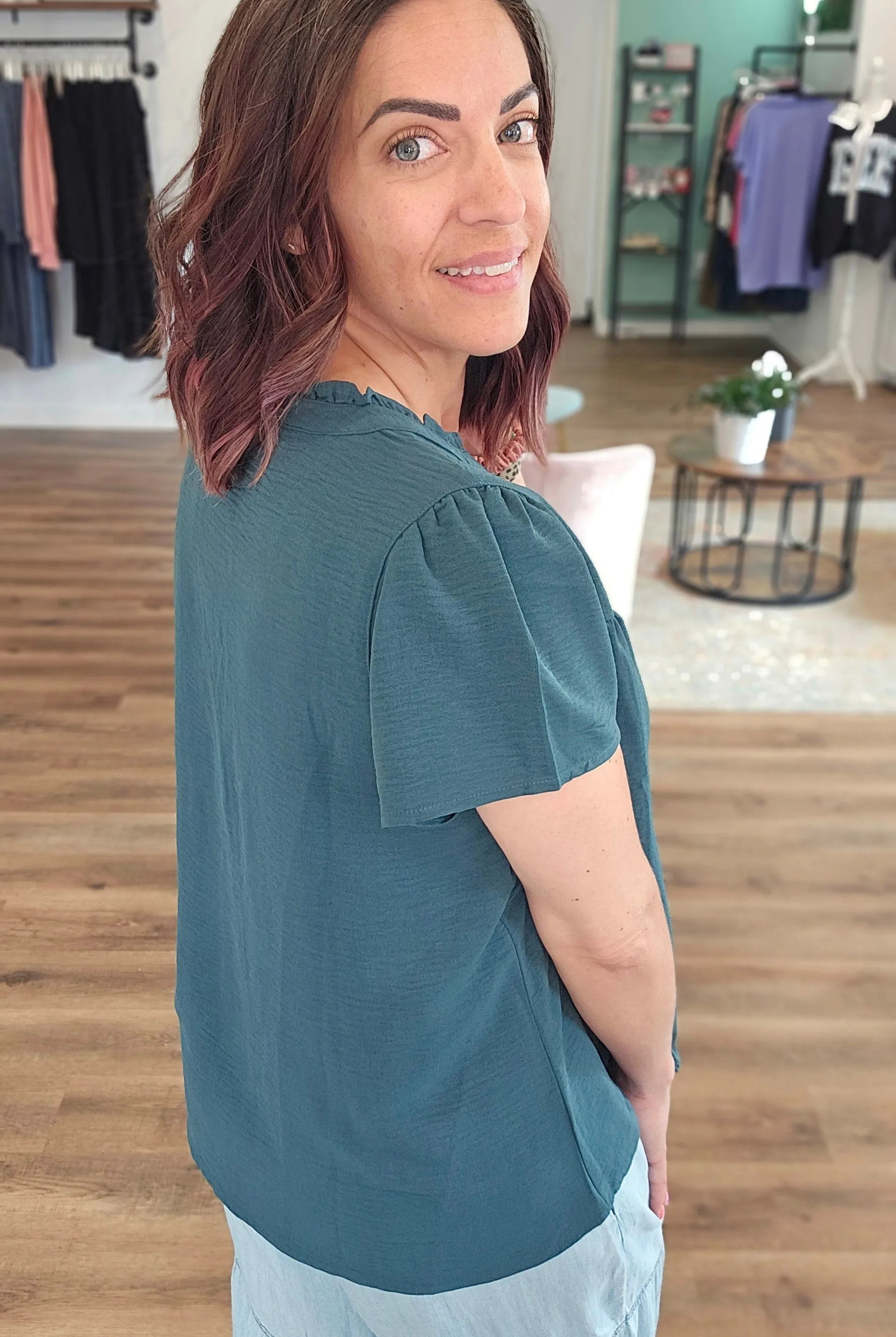 Shop Frilled V-Neck Button Down Top- at Ruby Joy Boutique, a Women's Clothing Store in Pickerington, Ohio