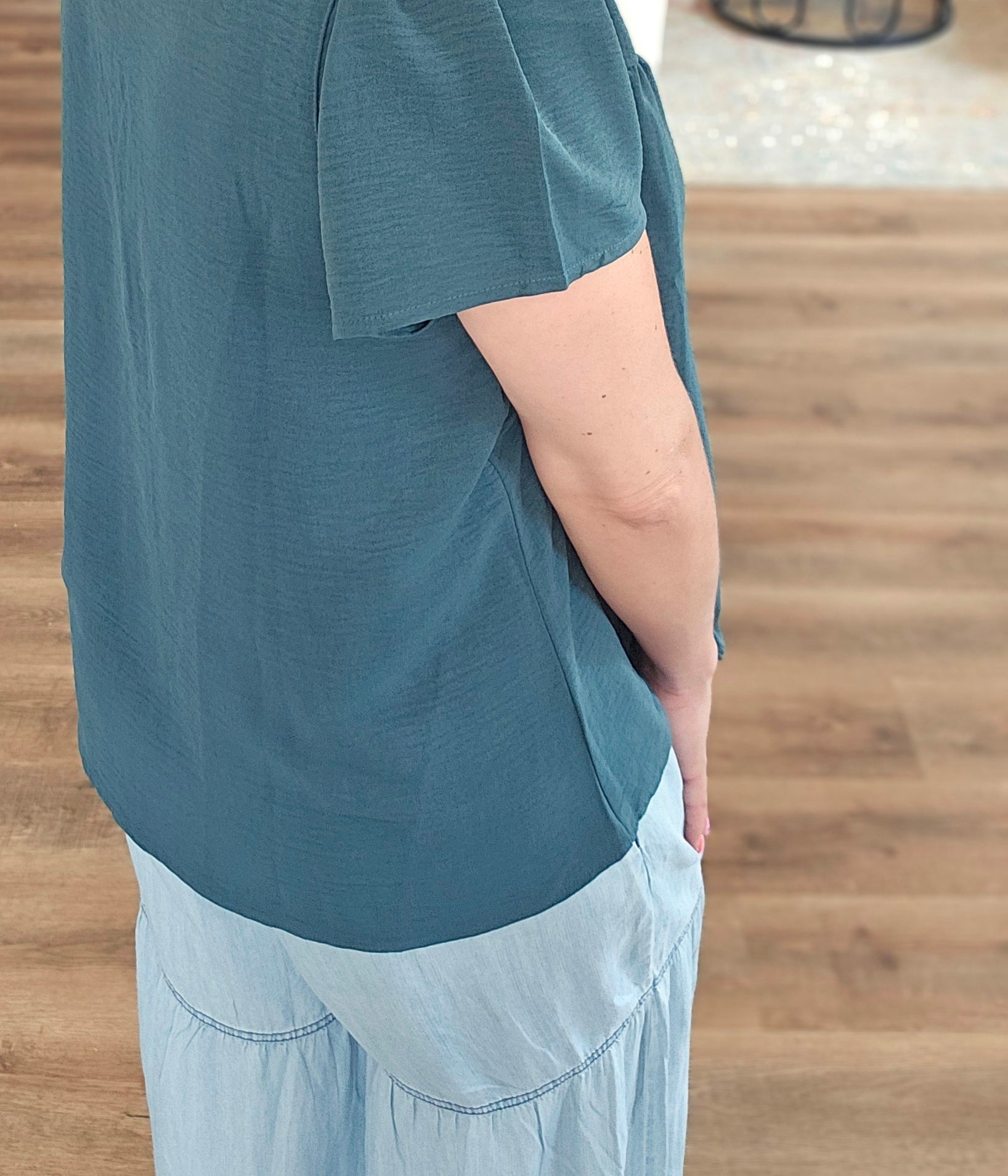 Shop Frilled V-Neck Button Down Top- at Ruby Joy Boutique, a Women's Clothing Store in Pickerington, Ohio