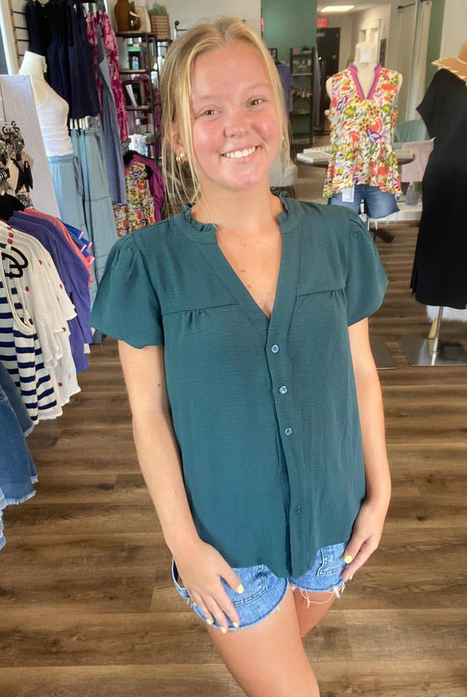 Shop Frilled V-Neck Button Down Top- at Ruby Joy Boutique, a Women's Clothing Store in Pickerington, Ohio