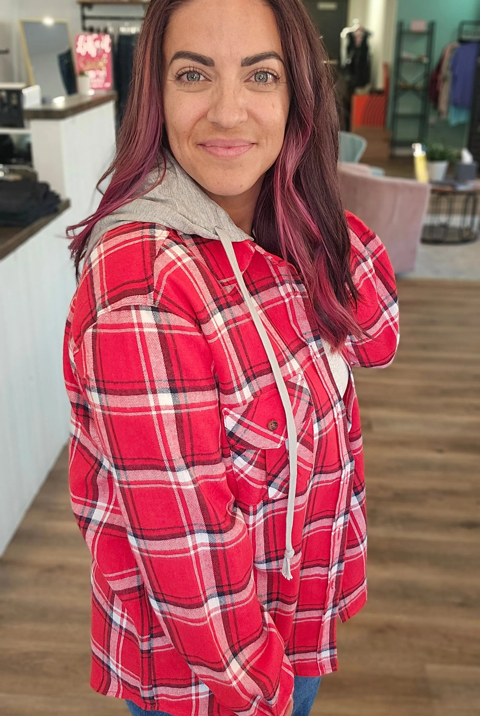 Shop Gameday Plaid Hooded Shacket- at Ruby Joy Boutique, a Women's Clothing Store in Pickerington, Ohio