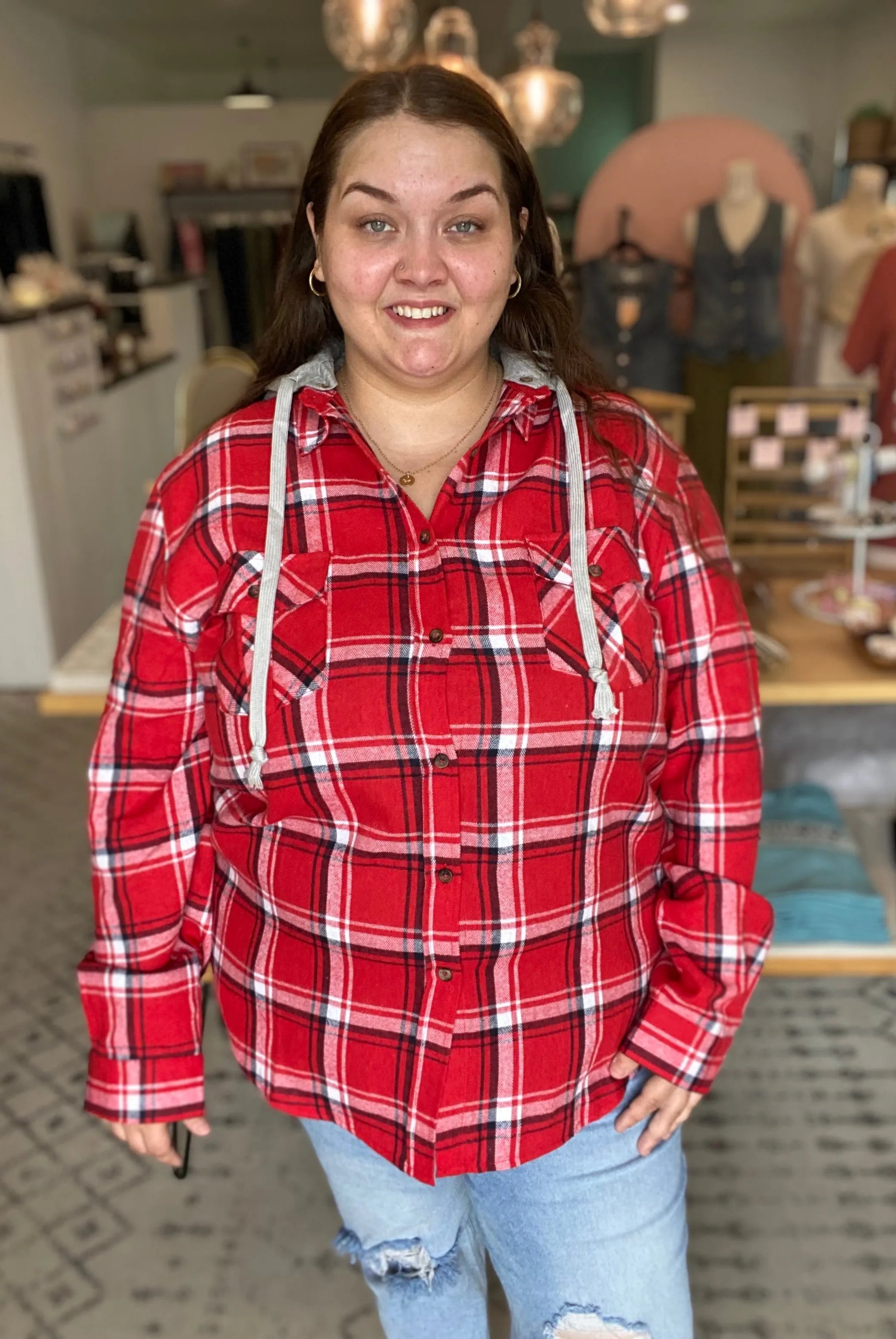 Shop Gameday Plaid Hooded Shacket- at Ruby Joy Boutique, a Women's Clothing Store in Pickerington, Ohio