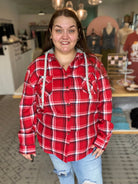 Shop Gameday Plaid Hooded Shacket- at Ruby Joy Boutique, a Women's Clothing Store in Pickerington, Ohio