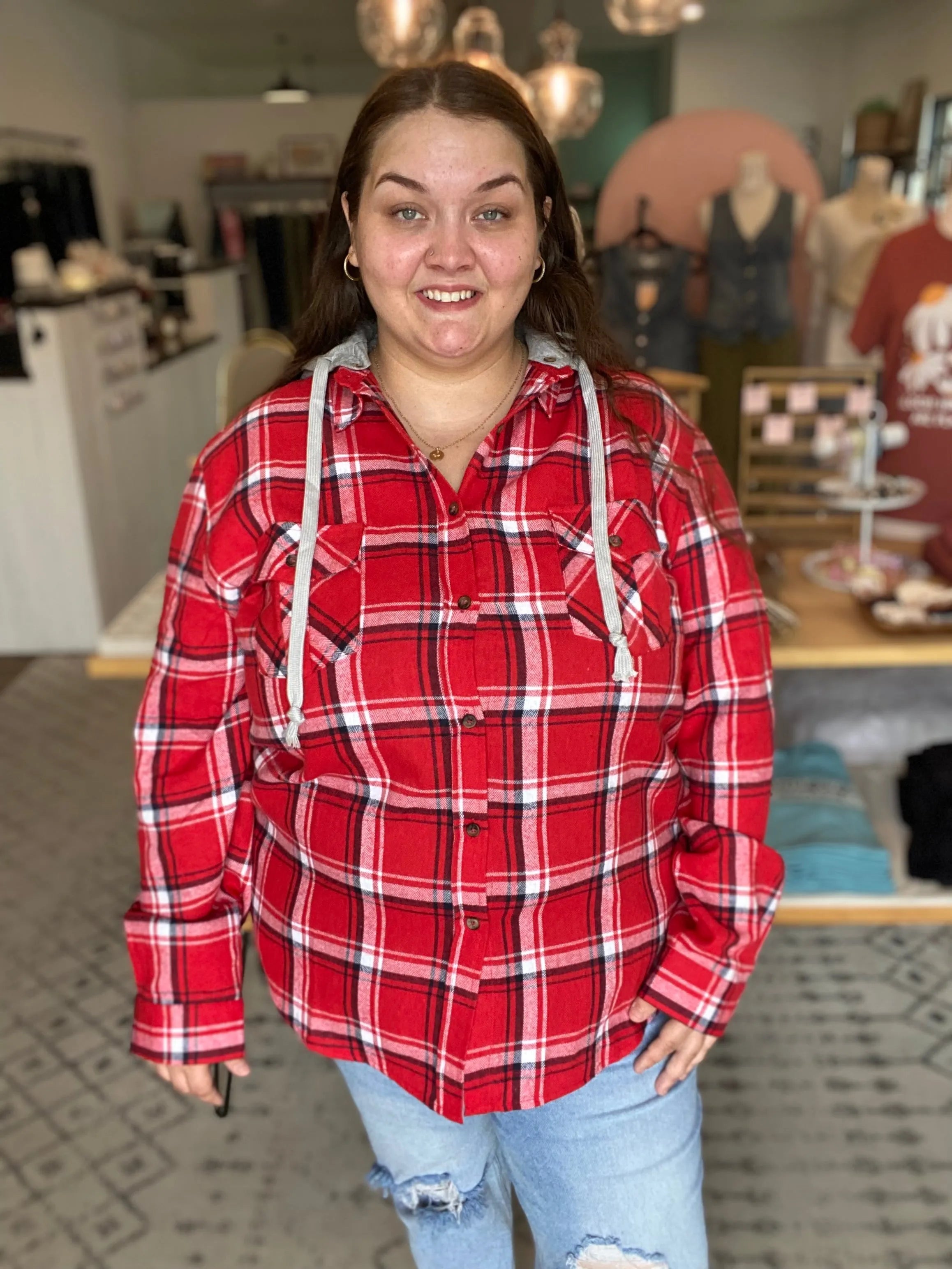 Shop Gameday Plaid Hooded Shacket- at Ruby Joy Boutique, a Women's Clothing Store in Pickerington, Ohio