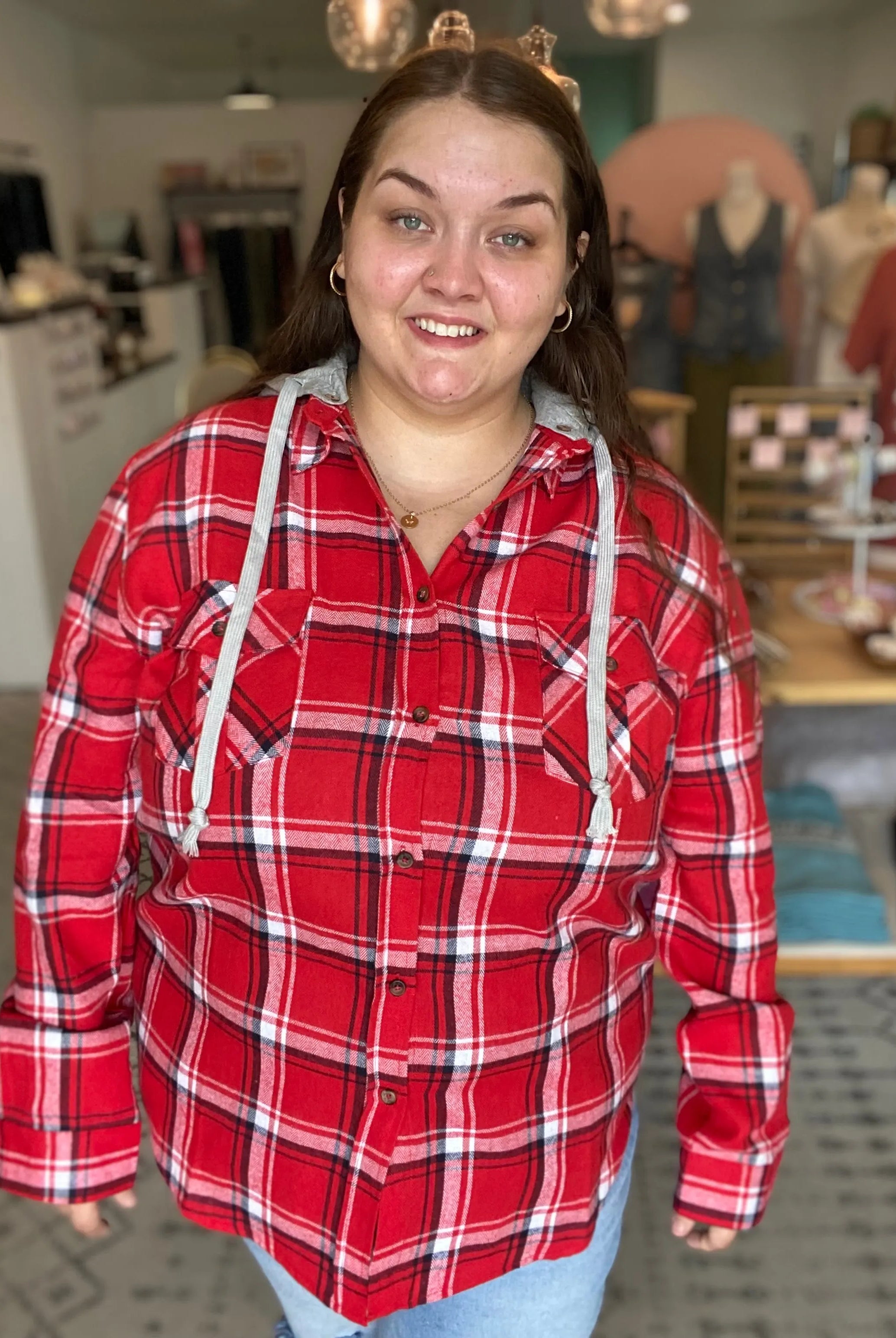 Shop Gameday Plaid Hooded Shacket- at Ruby Joy Boutique, a Women's Clothing Store in Pickerington, Ohio