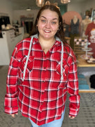Shop Gameday Plaid Hooded Shacket- at Ruby Joy Boutique, a Women's Clothing Store in Pickerington, Ohio