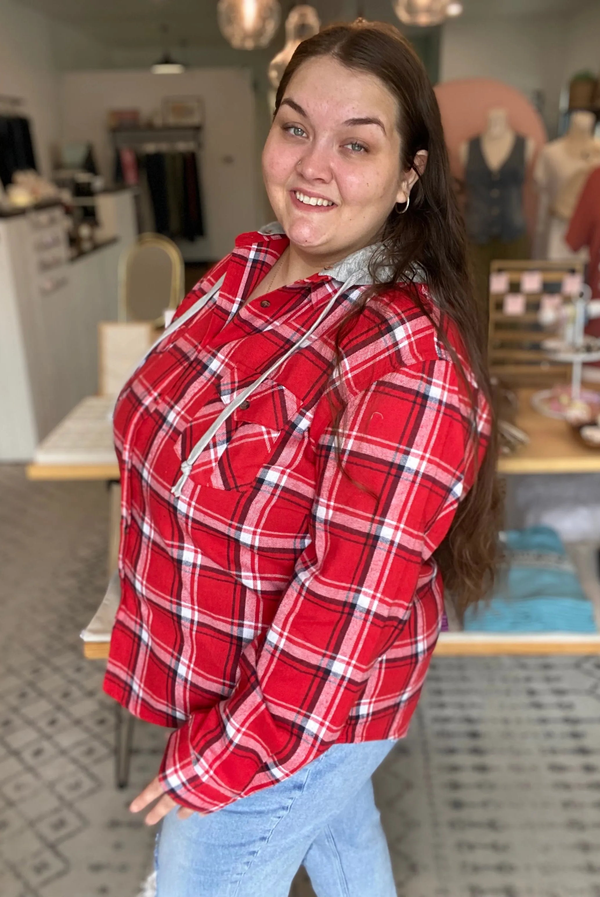 Shop Gameday Plaid Hooded Shacket- at Ruby Joy Boutique, a Women's Clothing Store in Pickerington, Ohio