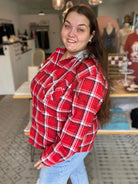 Shop Gameday Plaid Hooded Shacket- at Ruby Joy Boutique, a Women's Clothing Store in Pickerington, Ohio