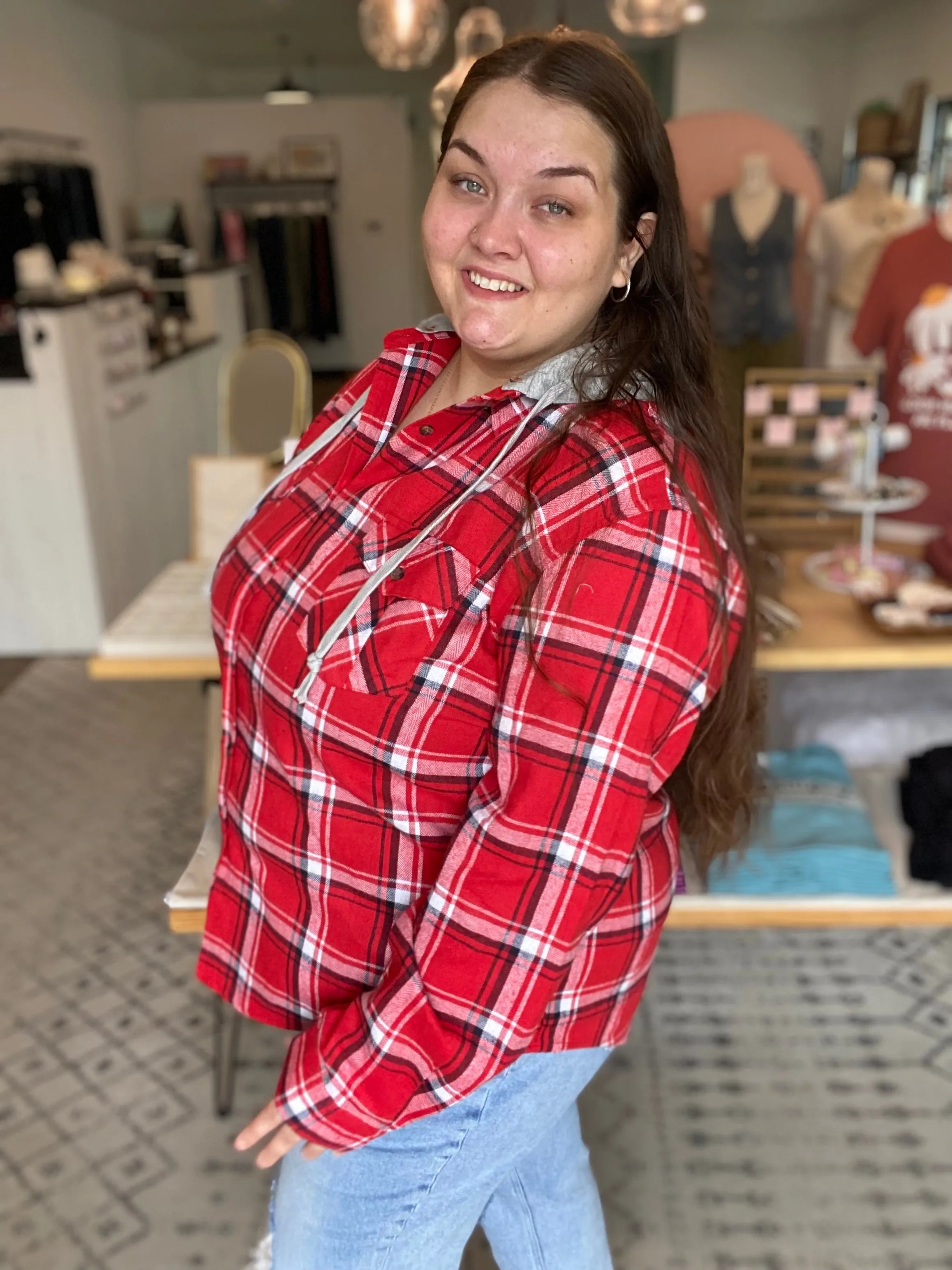 Shop Gameday Plaid Hooded Shacket- at Ruby Joy Boutique, a Women's Clothing Store in Pickerington, Ohio