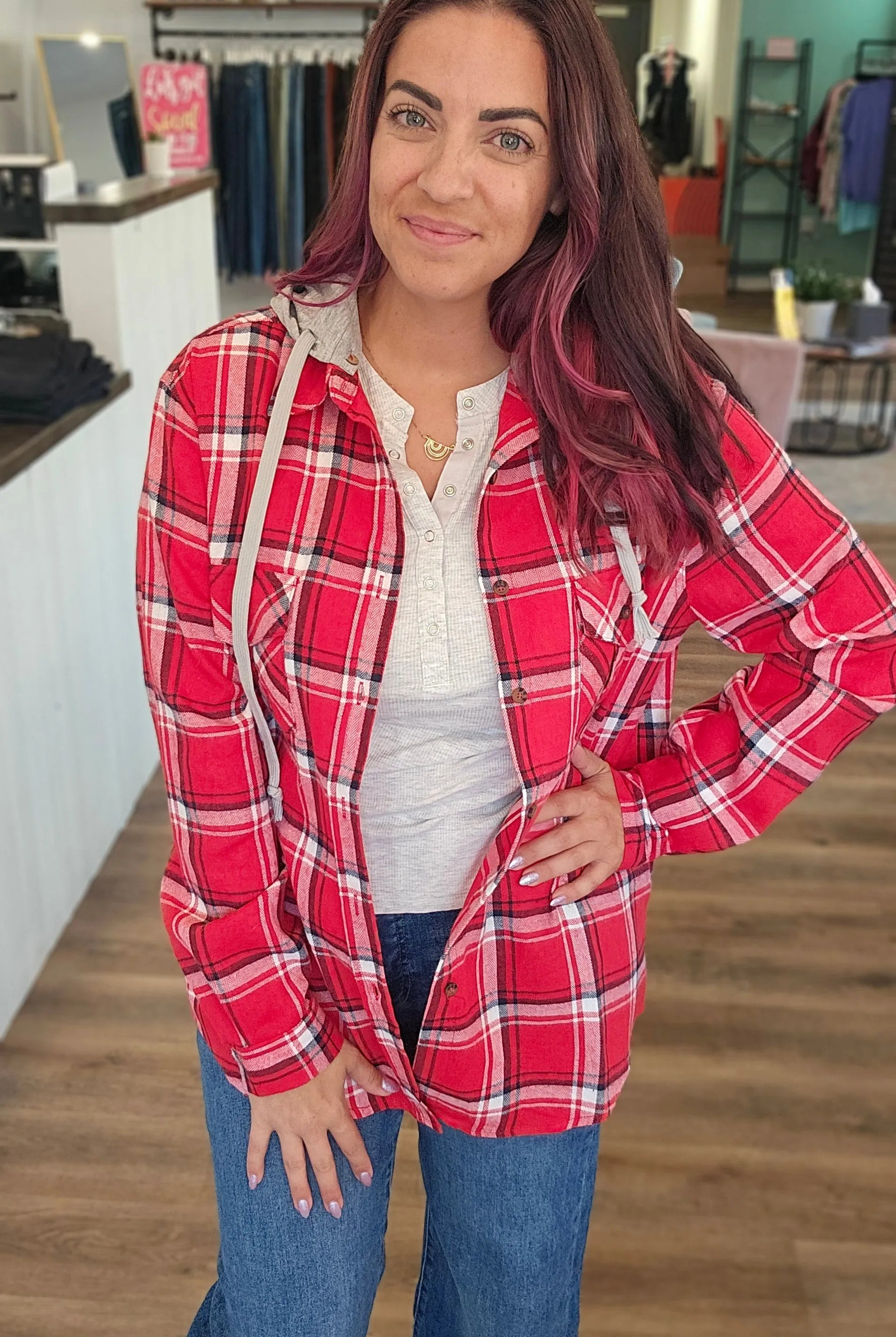 Shop Gameday Plaid Hooded Shacket- at Ruby Joy Boutique, a Women's Clothing Store in Pickerington, Ohio