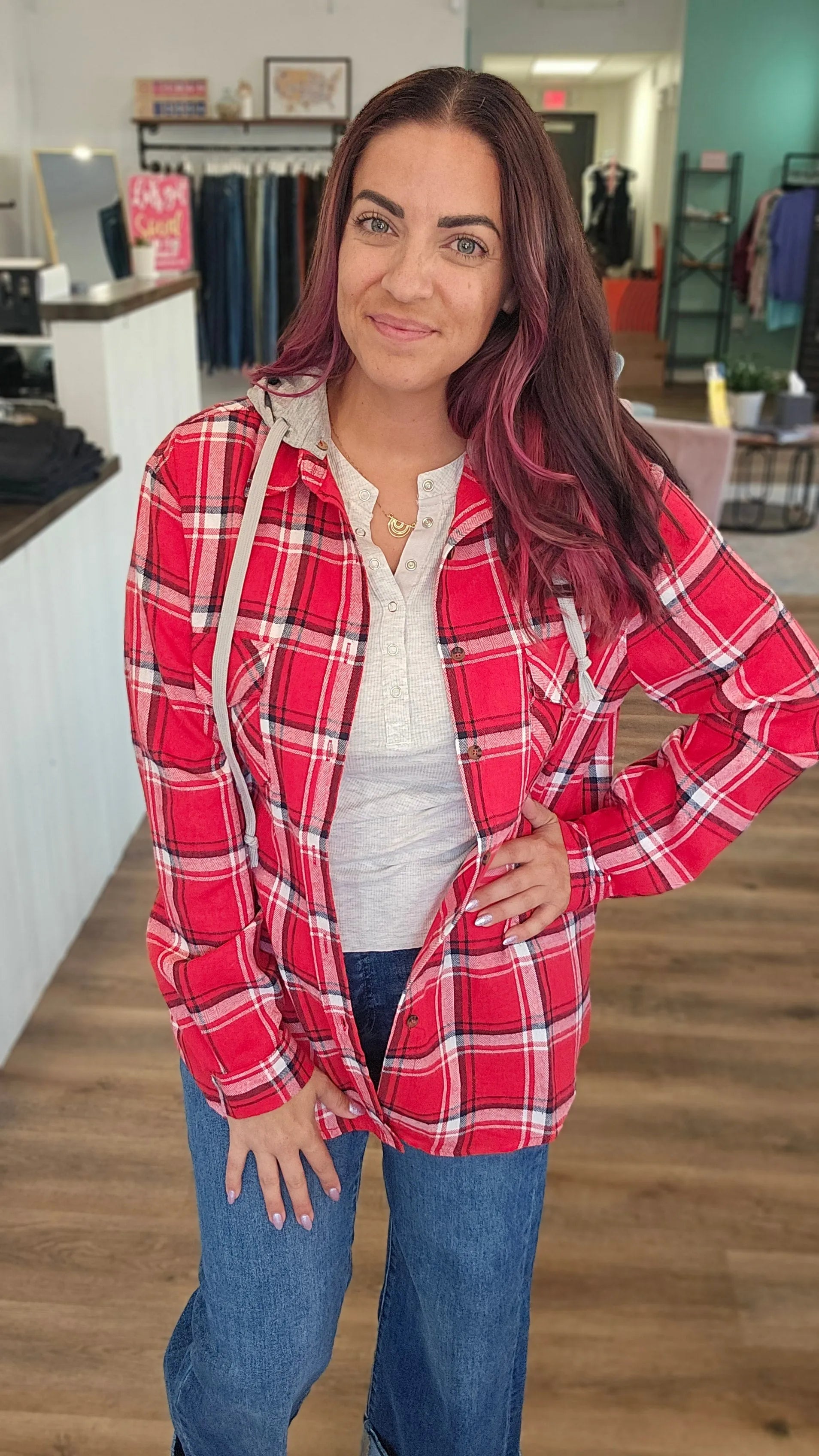 Shop Gameday Plaid Hooded Shacket- at Ruby Joy Boutique, a Women's Clothing Store in Pickerington, Ohio