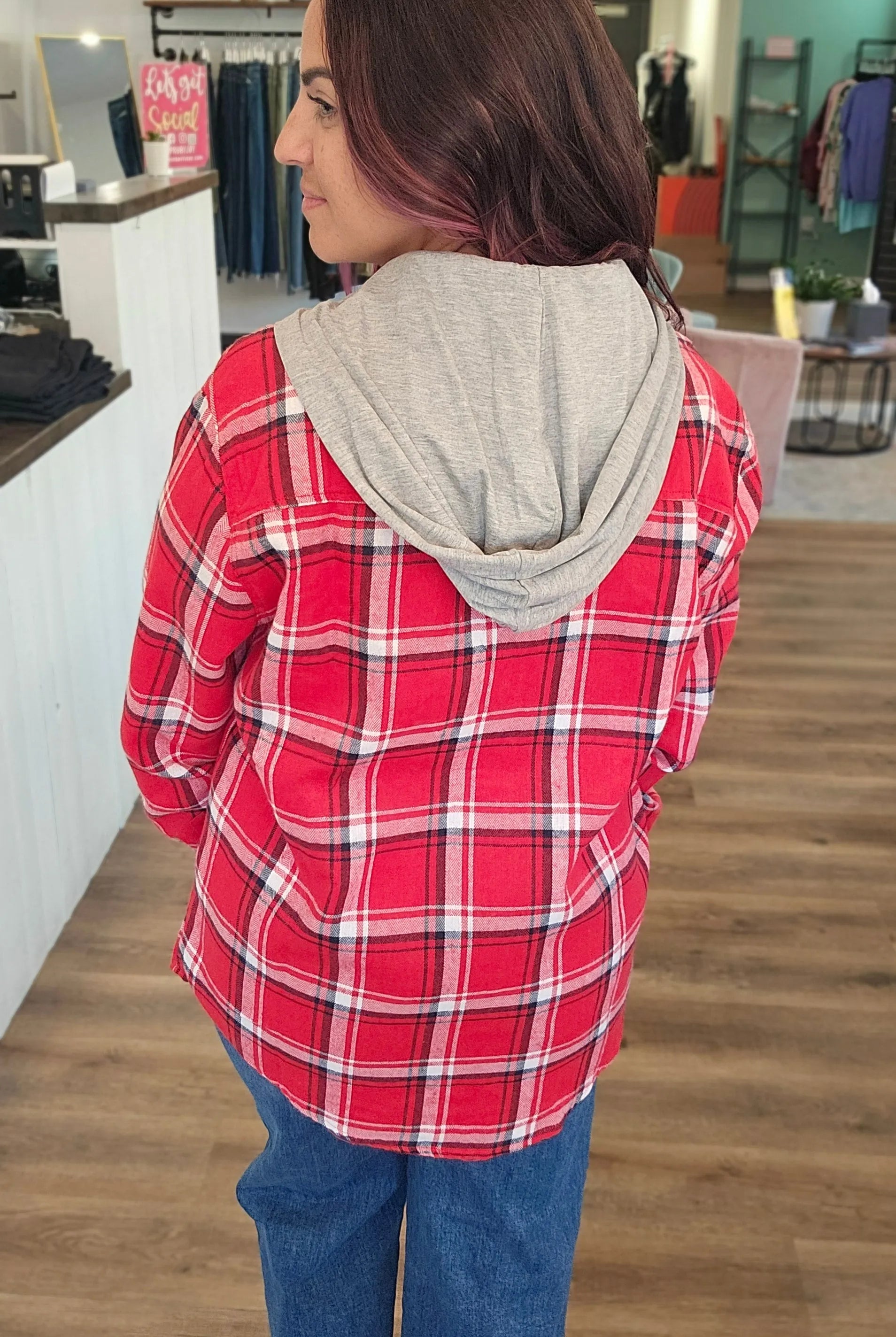 Shop Gameday Plaid Hooded Shacket- at Ruby Joy Boutique, a Women's Clothing Store in Pickerington, Ohio