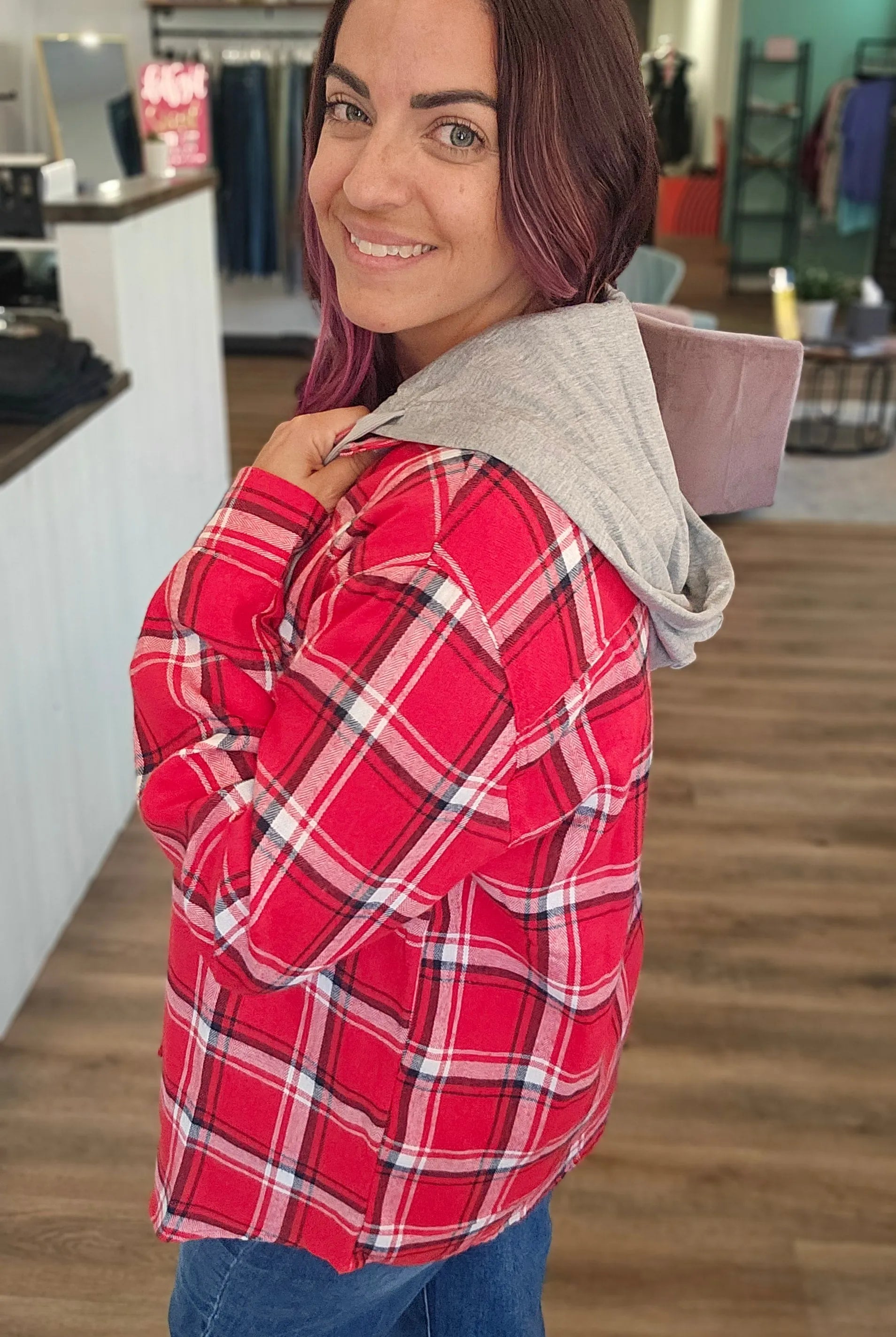 Shop Gameday Plaid Hooded Shacket- at Ruby Joy Boutique, a Women's Clothing Store in Pickerington, Ohio