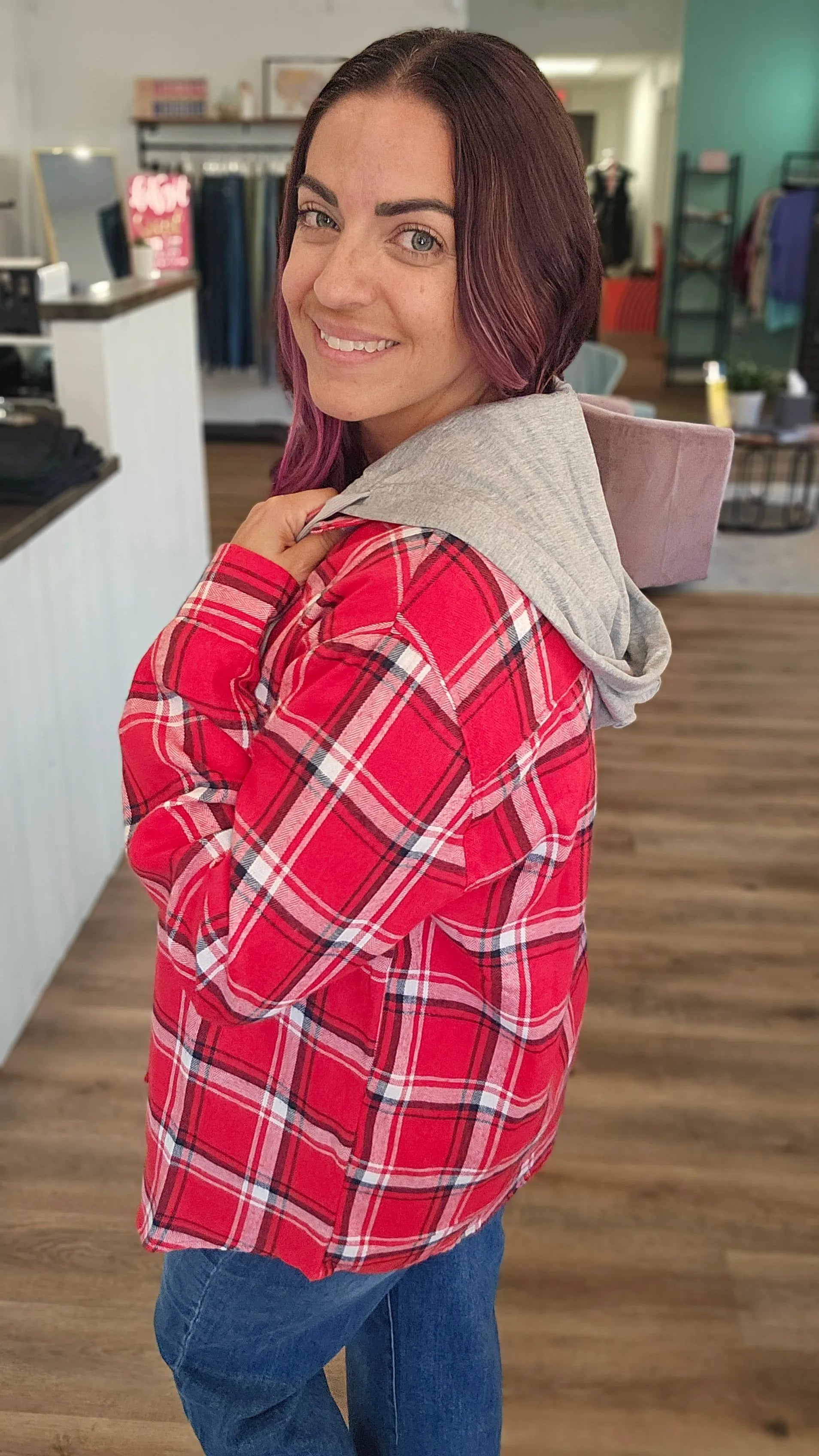 Shop Gameday Plaid Hooded Shacket- at Ruby Joy Boutique, a Women's Clothing Store in Pickerington, Ohio