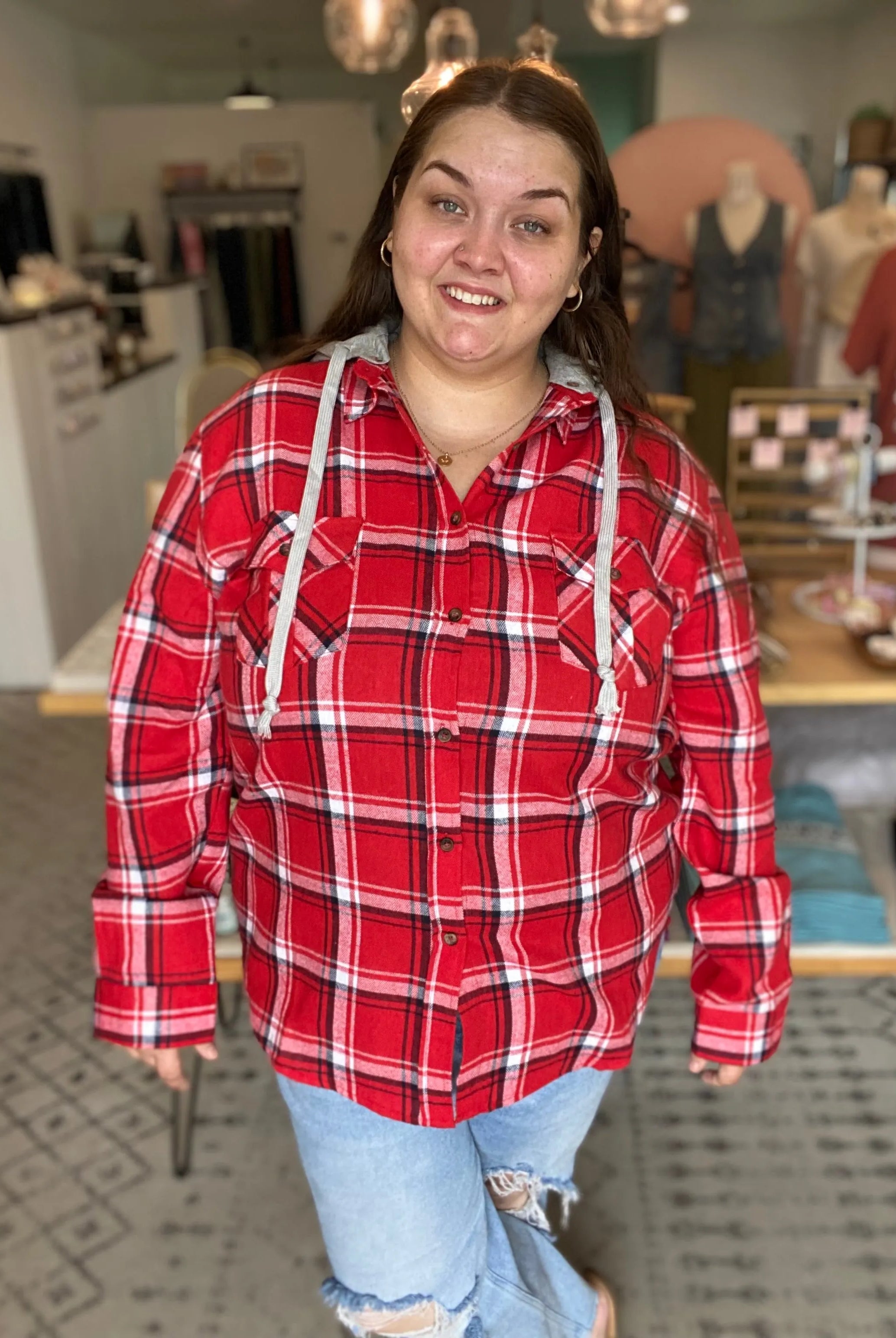 Shop Gameday Plaid Hooded Shacket-1XL at Ruby Joy Boutique, a Women's Clothing Store in Pickerington, Ohio