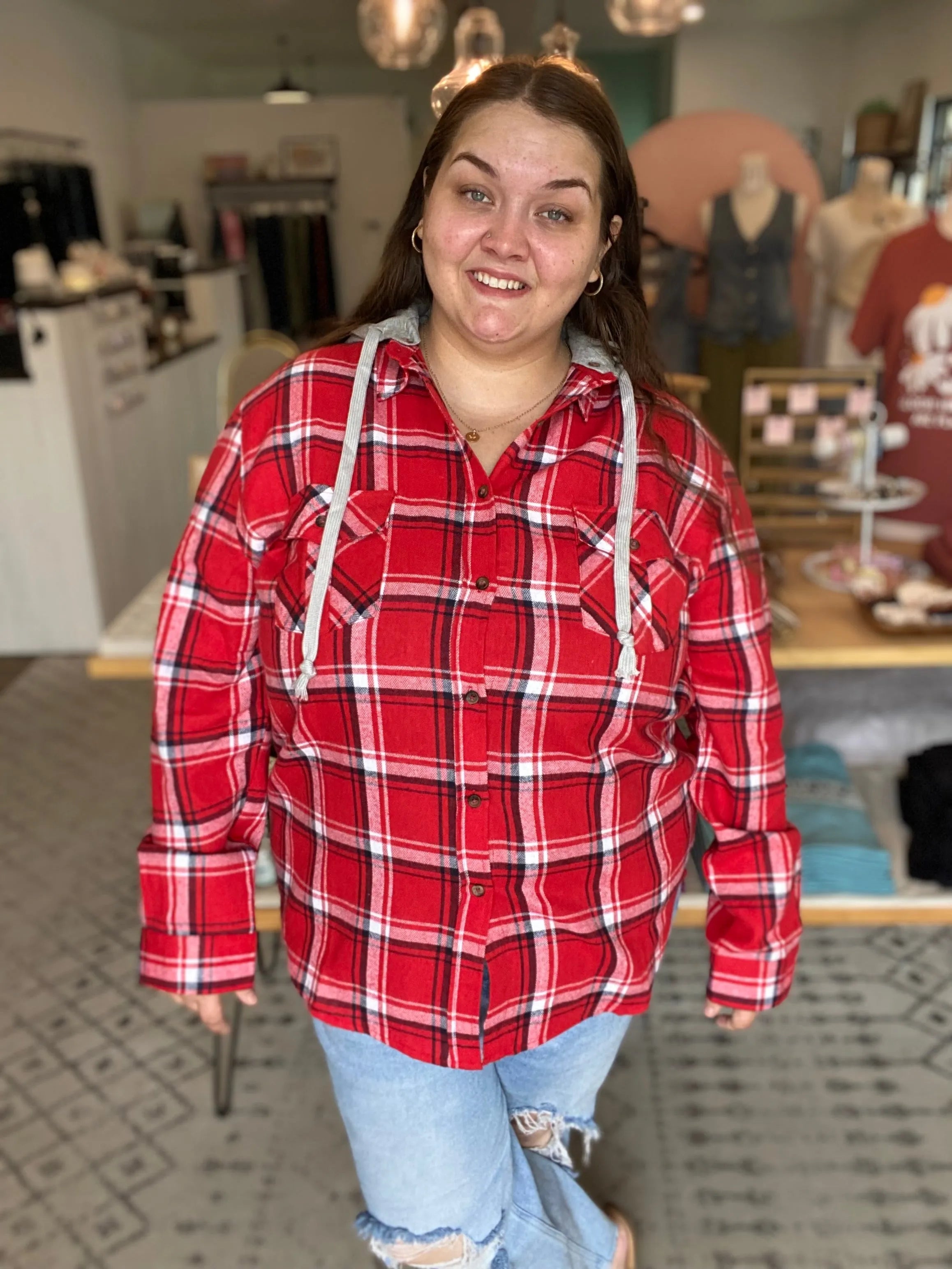 Shop Gameday Plaid Hooded Shacket-1XL at Ruby Joy Boutique, a Women's Clothing Store in Pickerington, Ohio