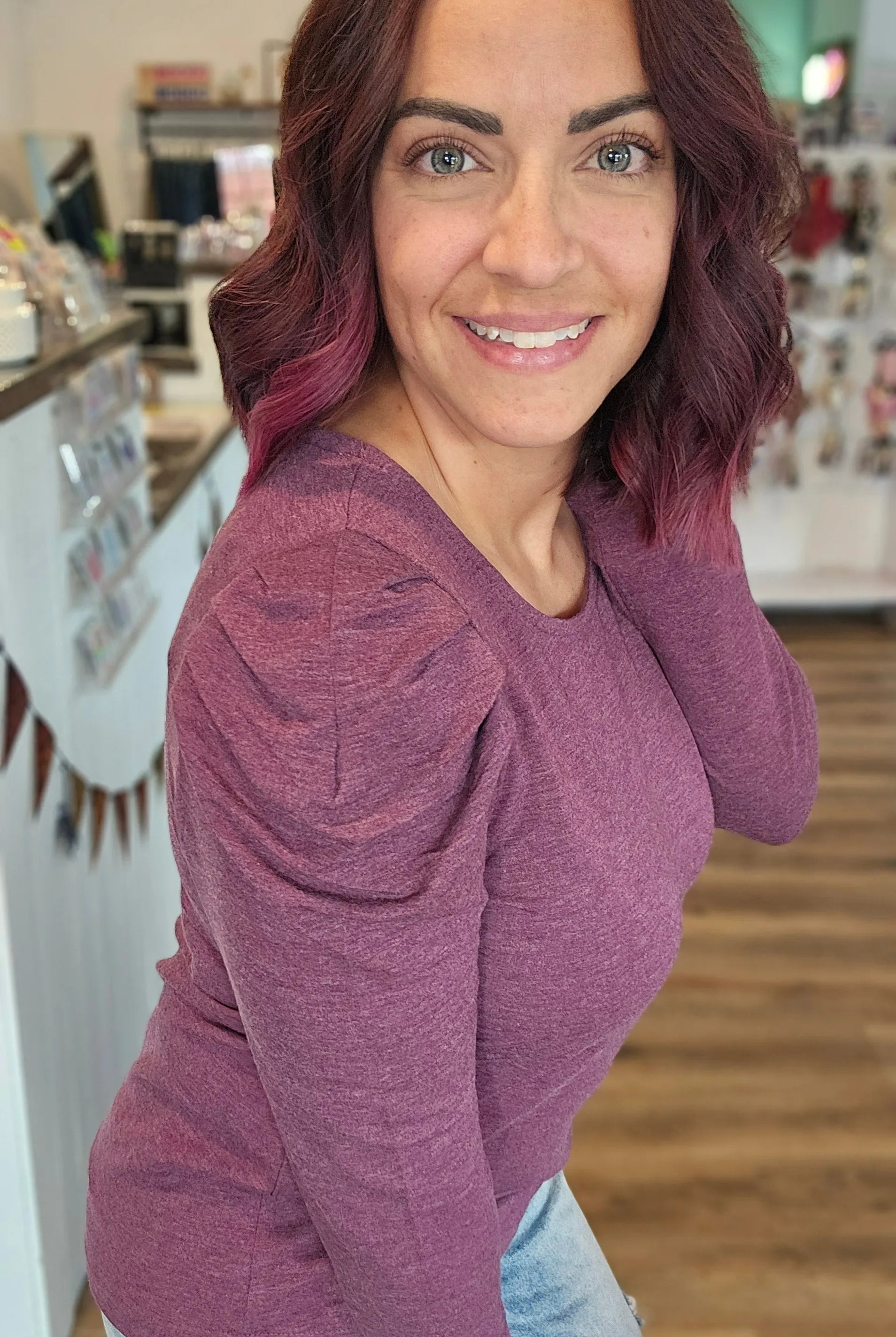 Shop Gathered Puff Sleeve Top - Plum- at Ruby Joy Boutique, a Women's Clothing Store in Pickerington, Ohio