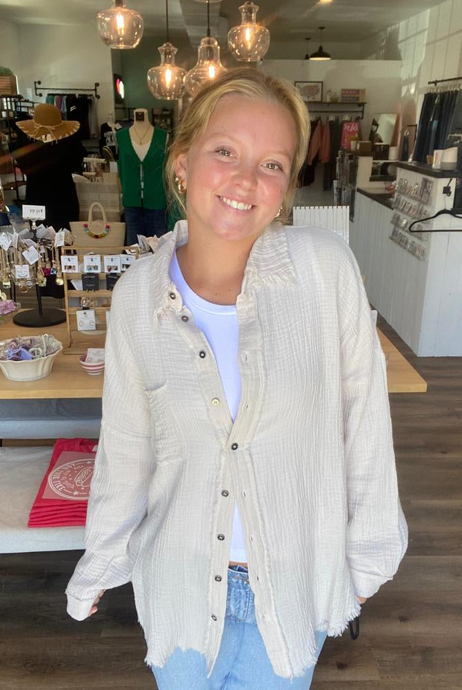 Shop Gauzy Button Down Shirt - Sand- at Ruby Joy Boutique, a Women's Clothing Store in Pickerington, Ohio