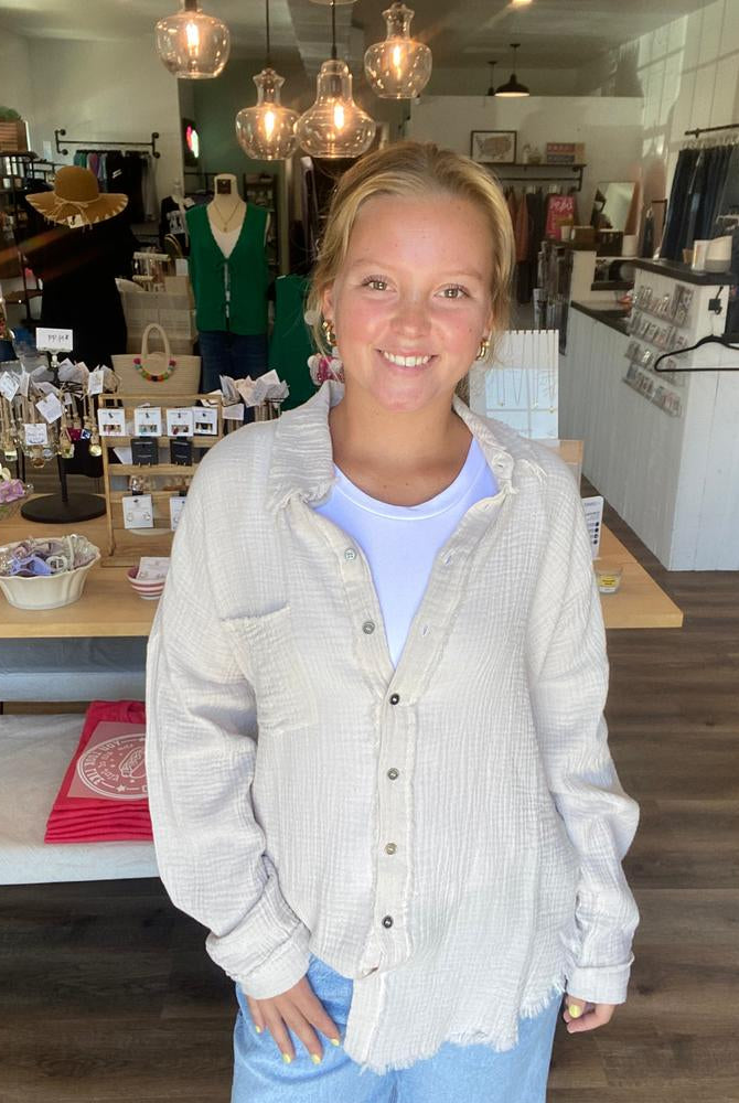 Shop Gauzy Button Down Shirt - Sand- at Ruby Joy Boutique, a Women's Clothing Store in Pickerington, Ohio