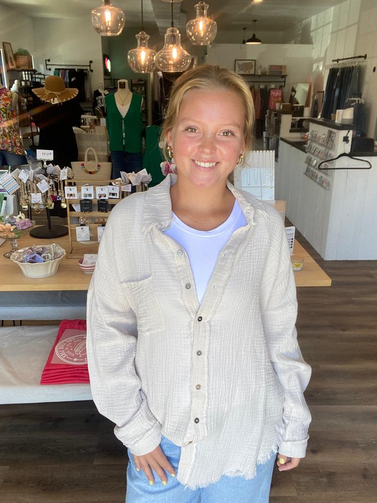 Shop Gauzy Button Down Shirt - Sand- at Ruby Joy Boutique, a Women's Clothing Store in Pickerington, Ohio