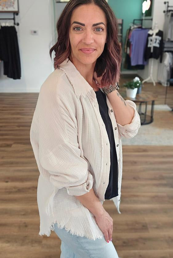 Shop Gauzy Button Down Shirt - Sand- at Ruby Joy Boutique, a Women's Clothing Store in Pickerington, Ohio