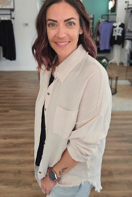 Shop Gauzy Button Down Shirt - Sand- at Ruby Joy Boutique, a Women's Clothing Store in Pickerington, Ohio