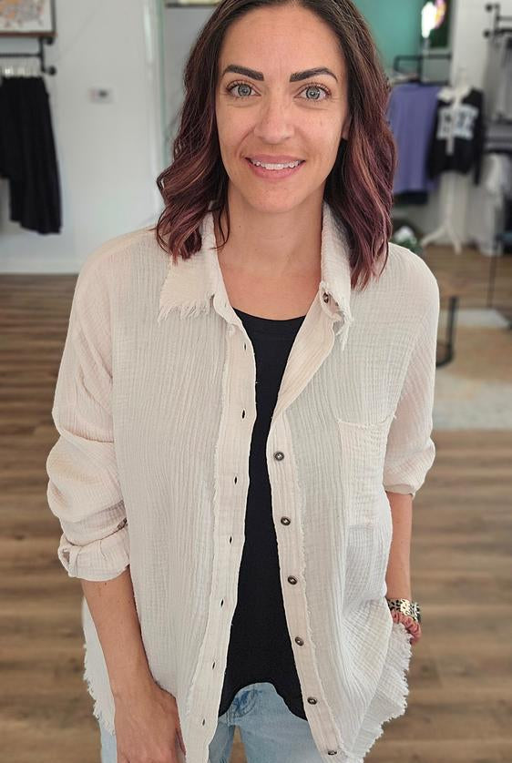 Shop Gauzy Button Down Shirt - Sand- at Ruby Joy Boutique, a Women's Clothing Store in Pickerington, Ohio