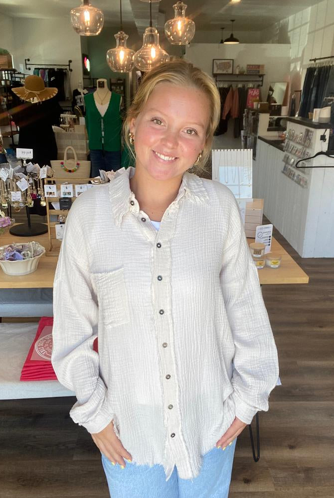Shop Gauzy Button Down Shirt - Sand- at Ruby Joy Boutique, a Women's Clothing Store in Pickerington, Ohio