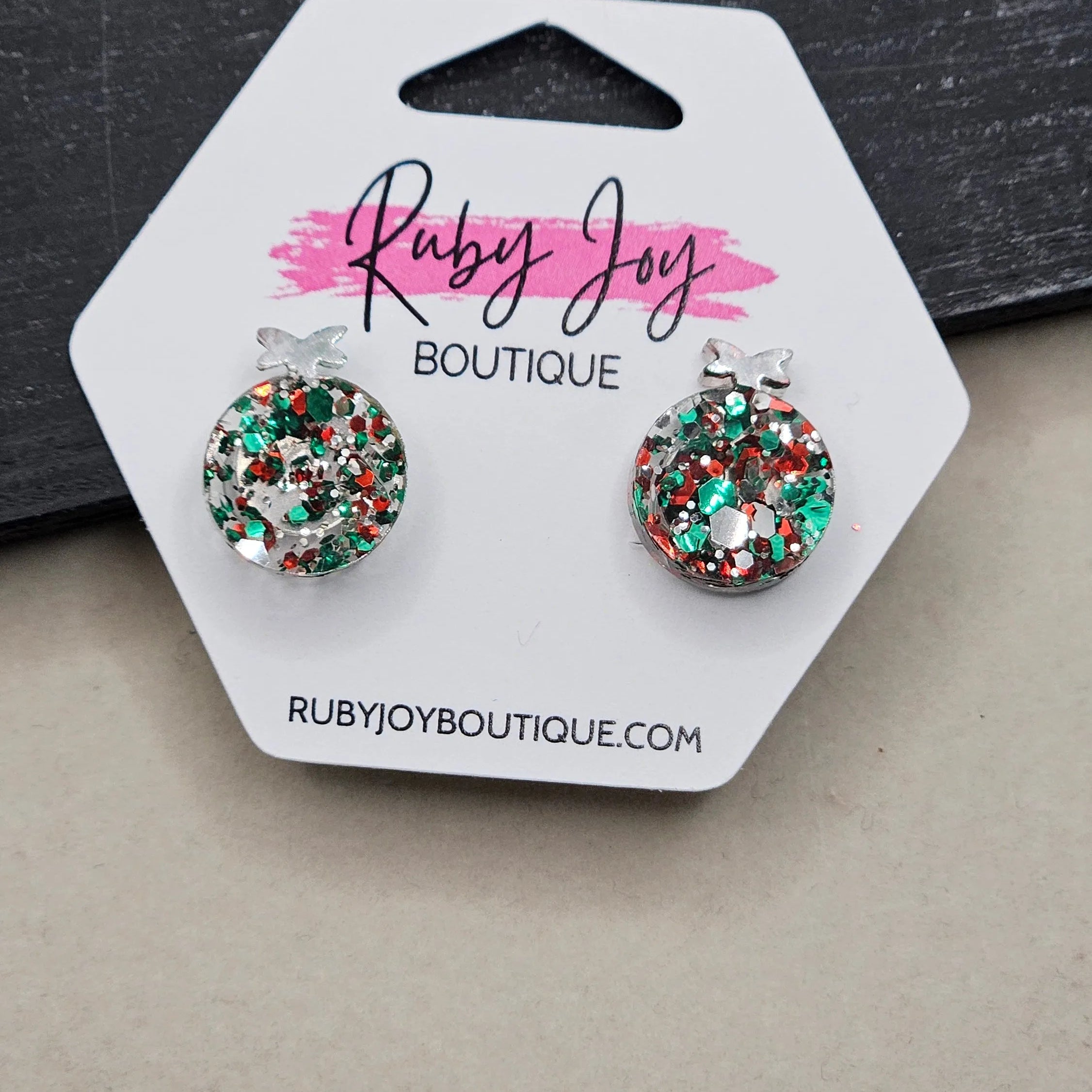 Shop Glitter Christmas Ornament Stud Earrings- at Ruby Joy Boutique, a Women's Clothing Store in Pickerington, Ohio
